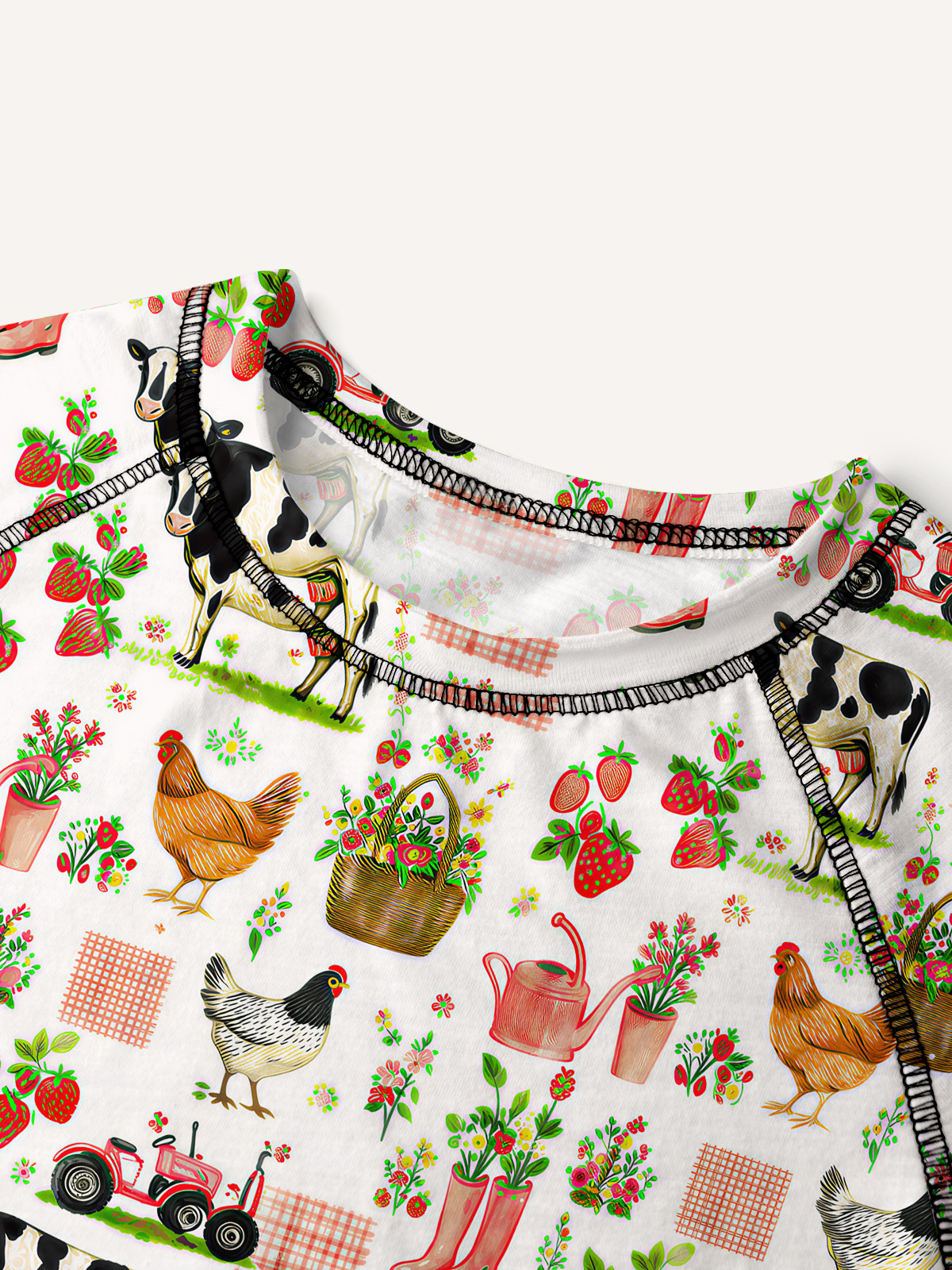 Watercolor Pink Farm Chicken All-Over Print Cotton Raglan Long Sleeve Top