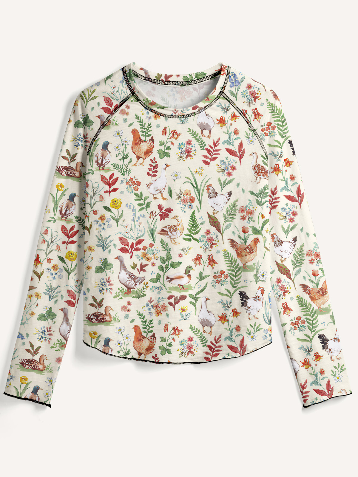 Countryside Garden Critter All-Over Print Cotton Raglan Long Sleeve Top