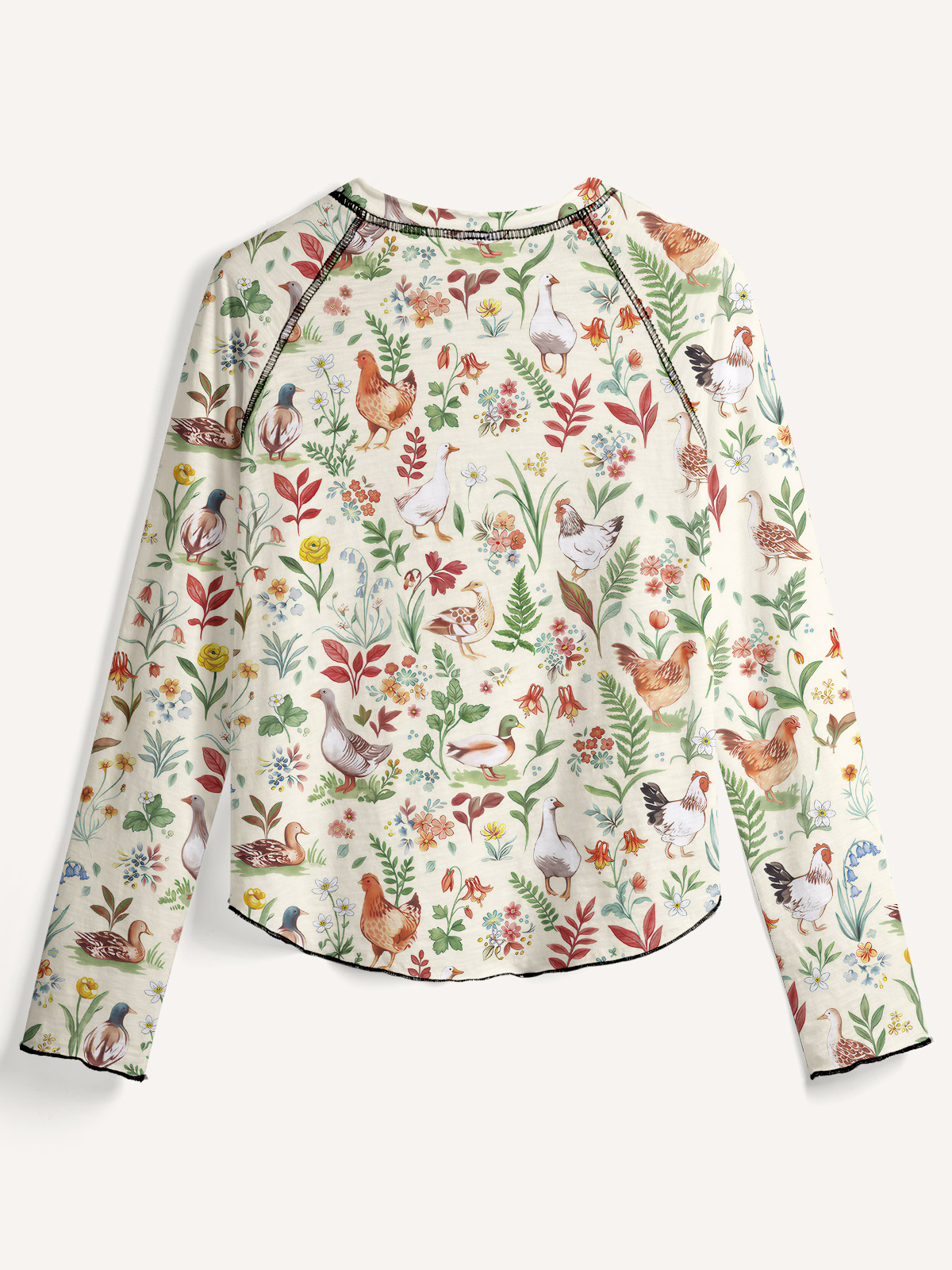 Countryside Garden Critter All-Over Print Cotton Raglan Long Sleeve Top