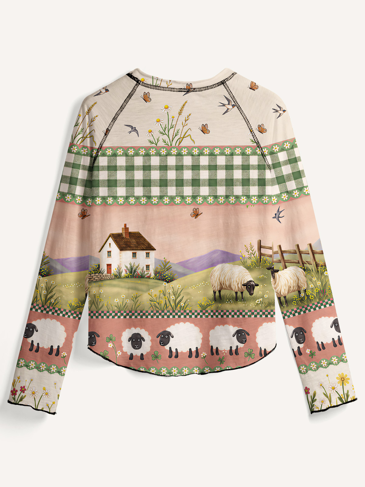 Pastoral Daydream Cottage All-Over Print Cotton Raglan Long Sleeve Top
