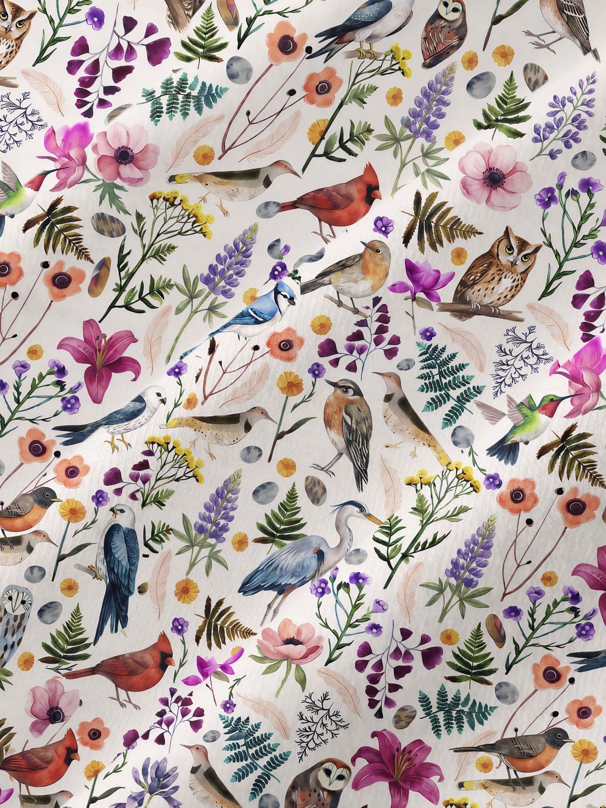 Whimsical Woodland Birds Wildflowers All-Over Print Cotton Raglan Long Sleeve Top