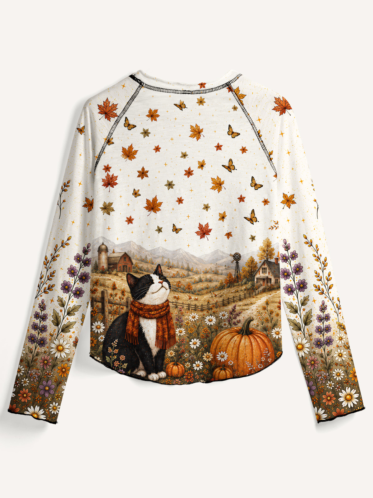 Autumn Pumpkin Field Black Cat All-Over Print Cotton Raglan Long Sleeve Top
