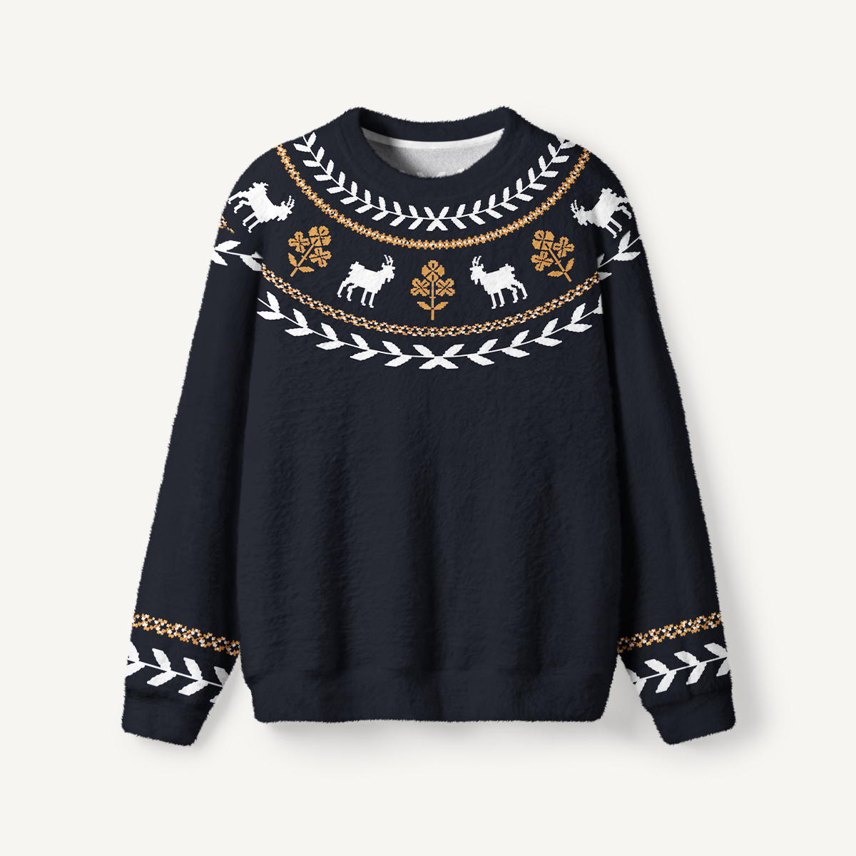 Nordic Woodland Goat & Leaf Fuzzy Crewneck Sweater