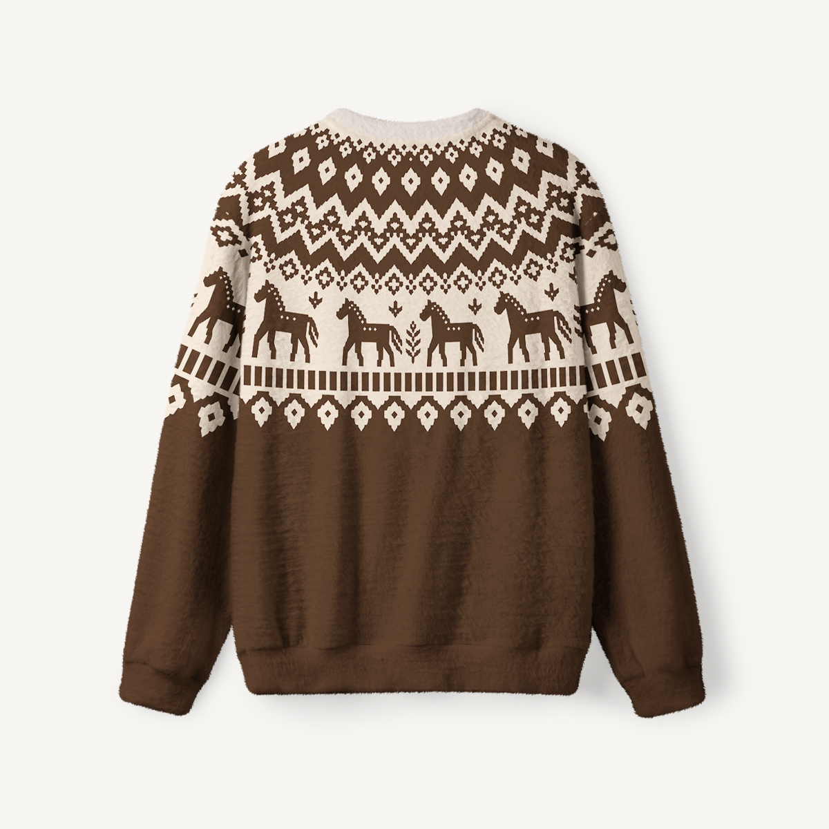 Rustic Equestrian Horse Fair Isle Fuzzy Crewneck Sweater