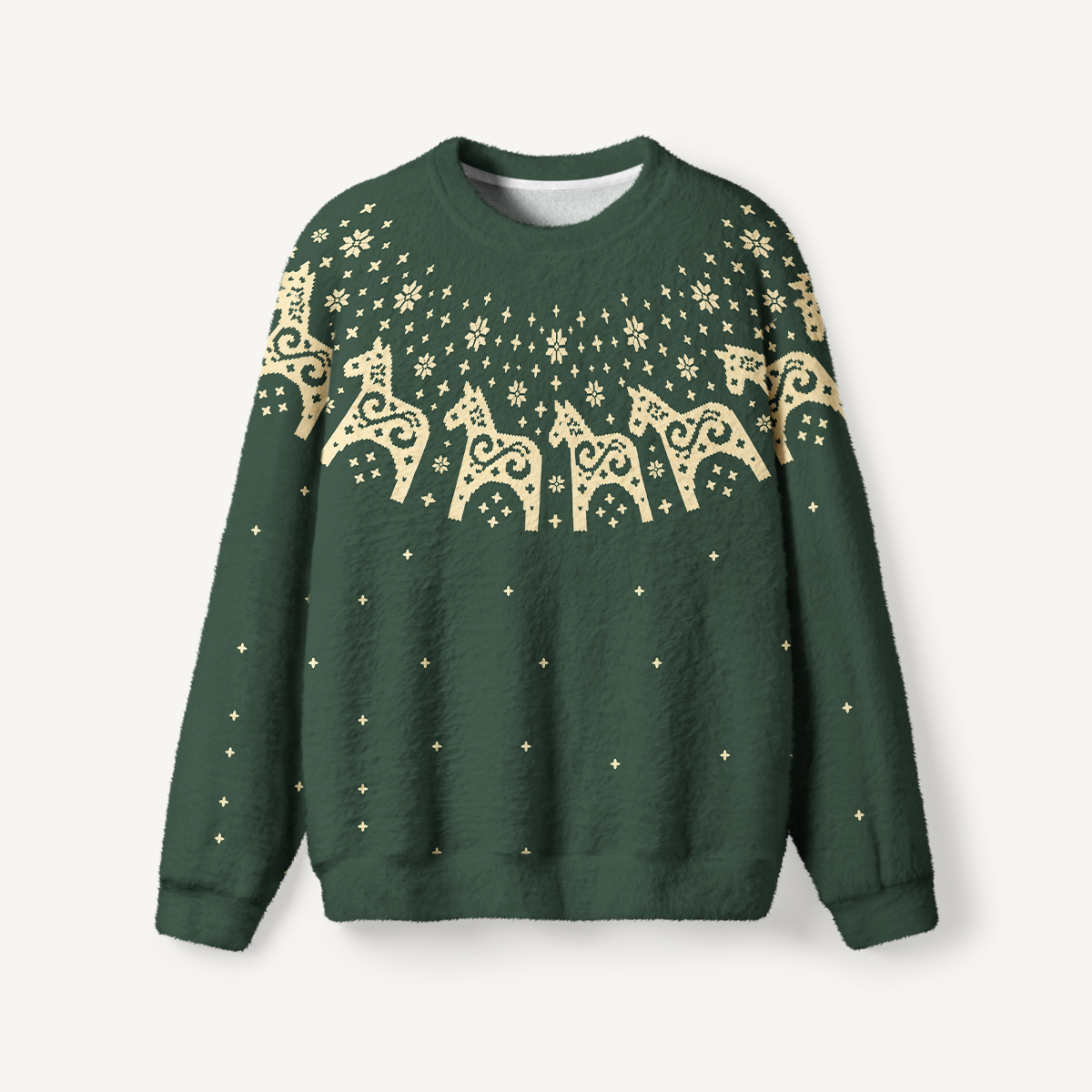 Nordic Folk Horse & Snowflake Fuzzy Crewneck Sweater