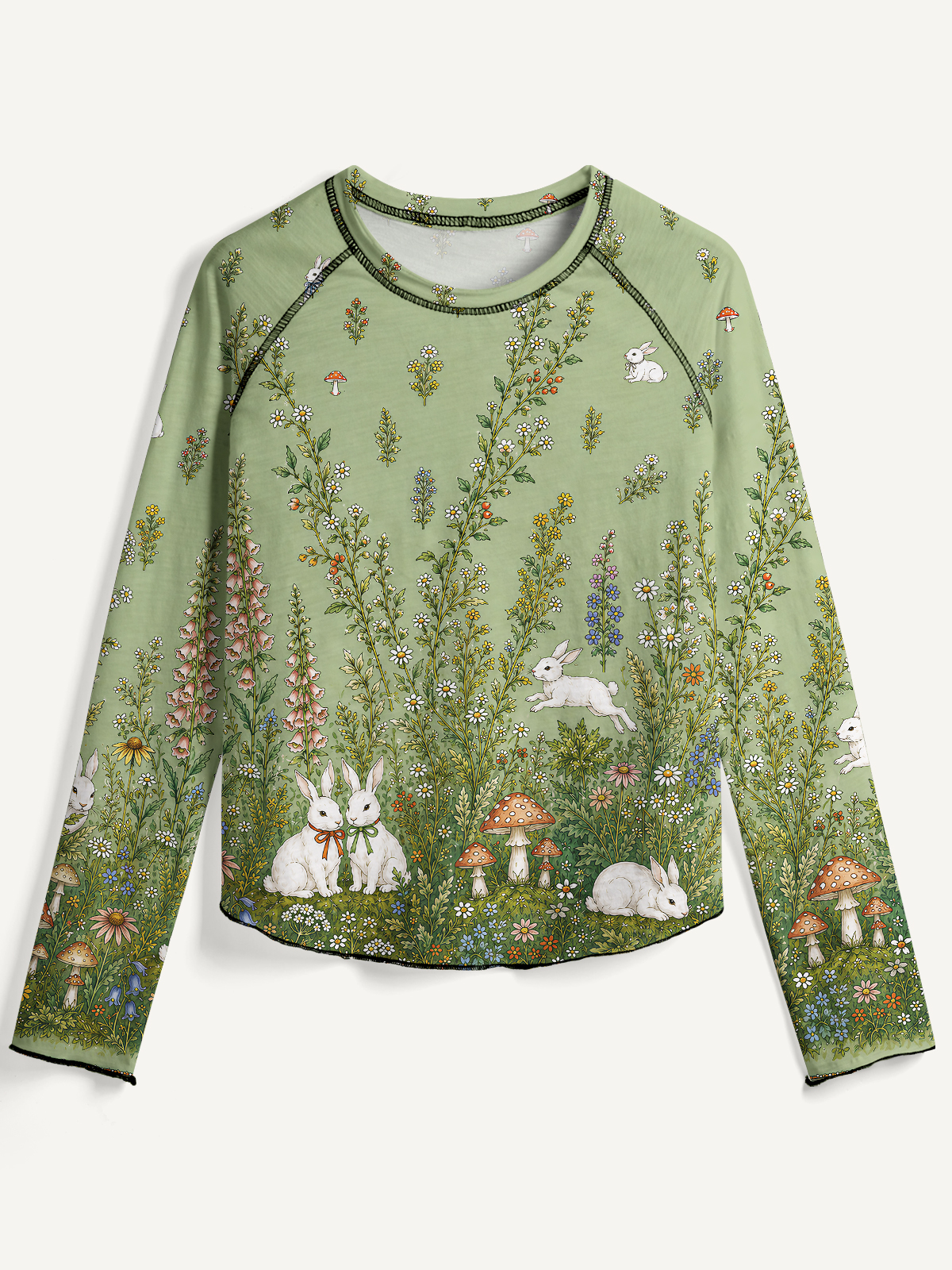 Bunny Meadow Garden All-Over Print Cotton Raglan Long Sleeve Top