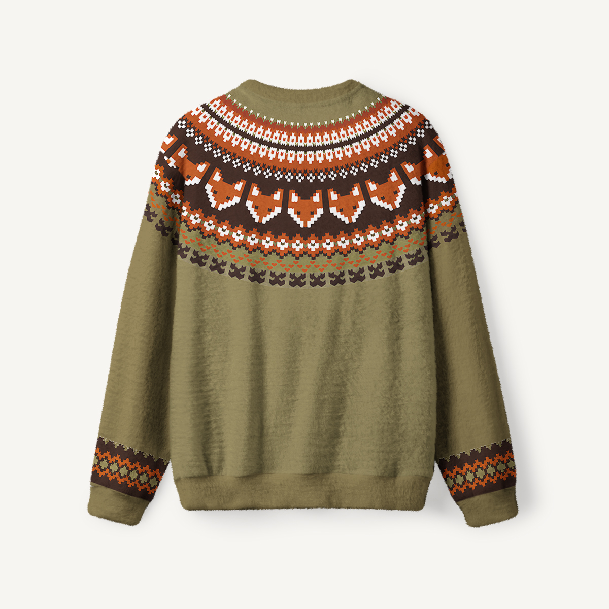 Autumn Fox Yoke Nordic-Inspired Fuzzy Crewneck Sweater