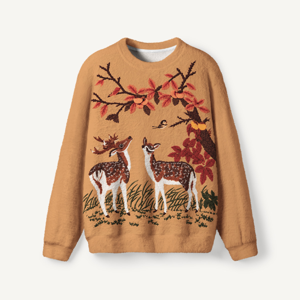 Autumn Woodland Deer Fuzzy Crewneck Sweater