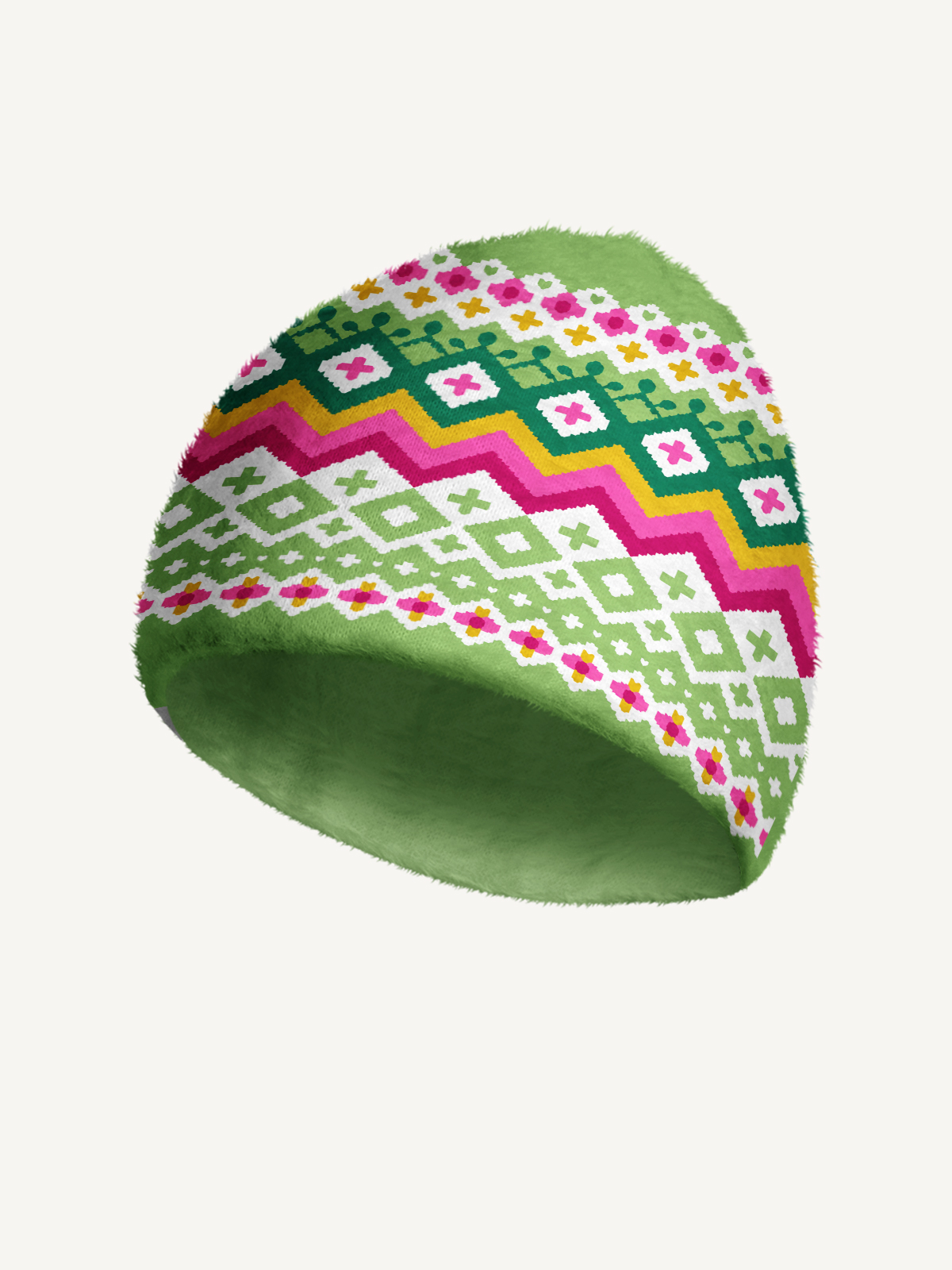 Spring Meadow Floral Geometric Fair Isle Cozy Fuzzy Beanie