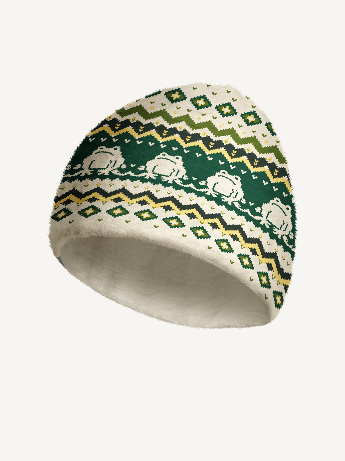 Vintage Frog Geometric Folk Cozy Fuzzy Beanie