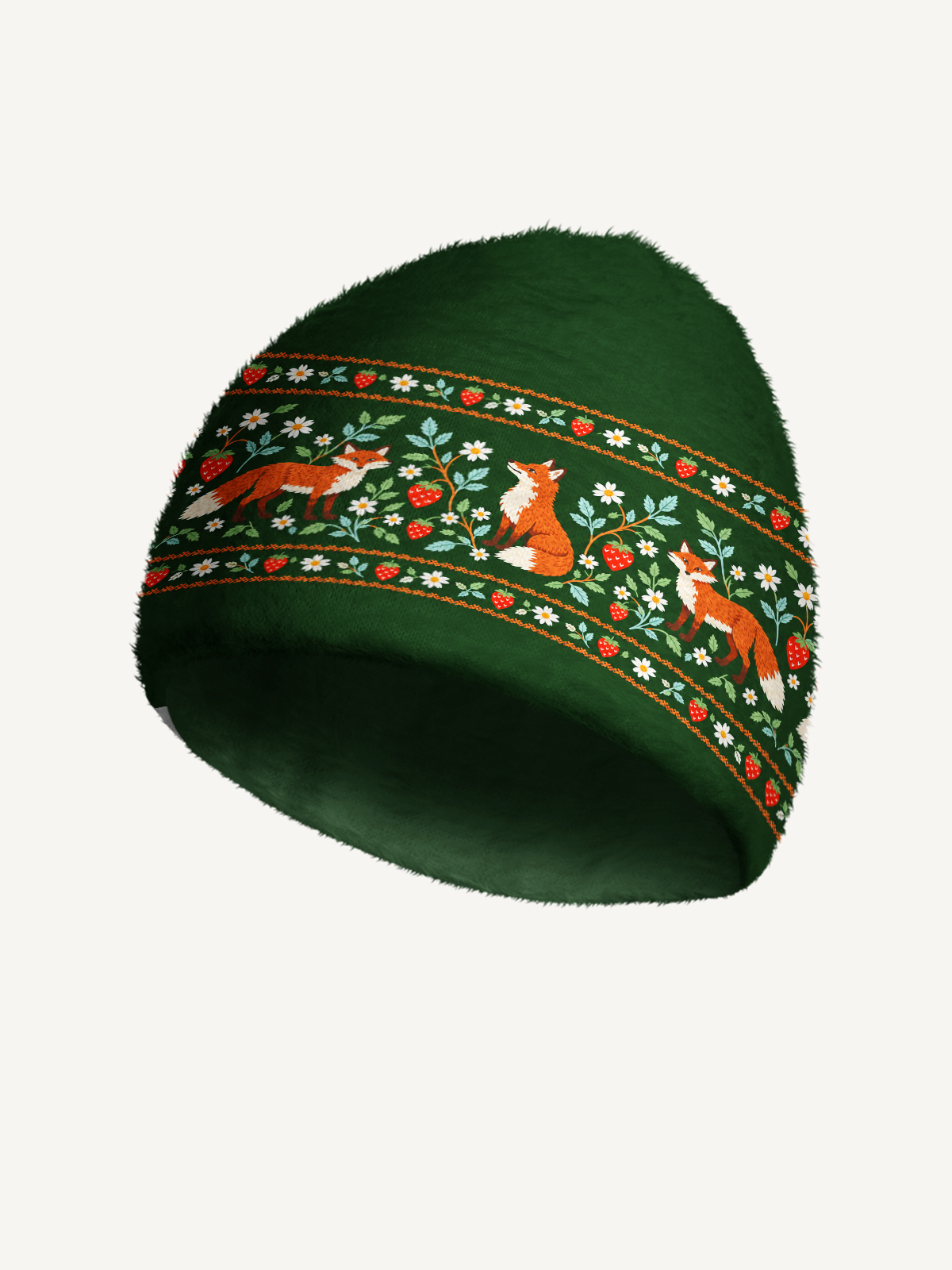 Whimsical Woodland Fox & Strawberry Cozy Fuzzy Beanie