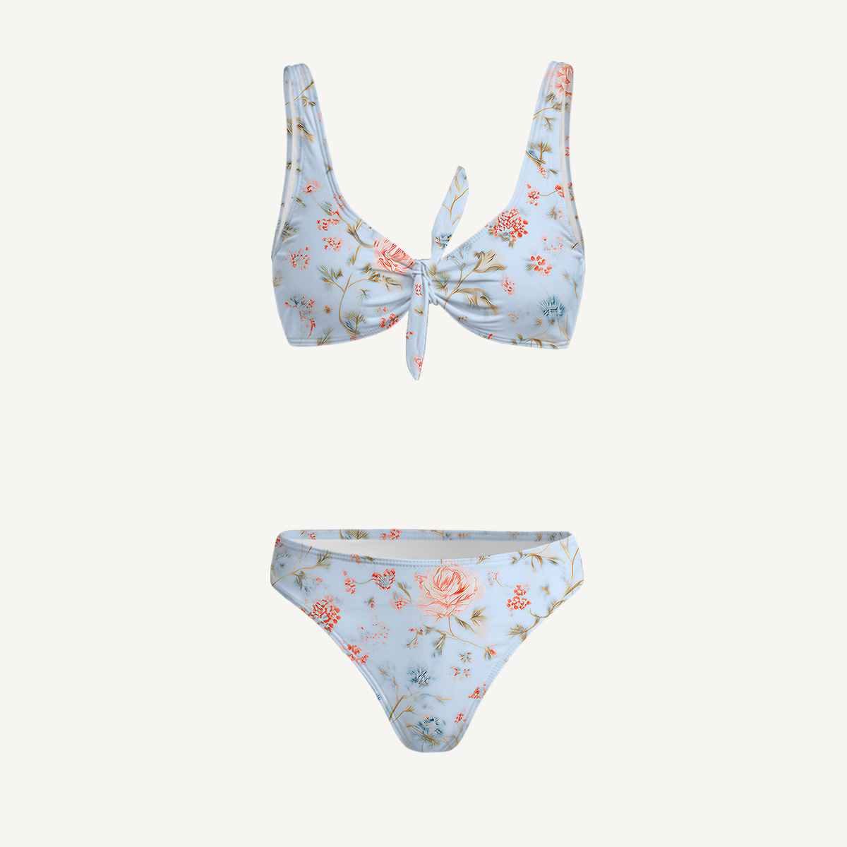 Rosabelle Bloom Print 3‑Piece Front‑Tie Bikini Set with Mini Sarong