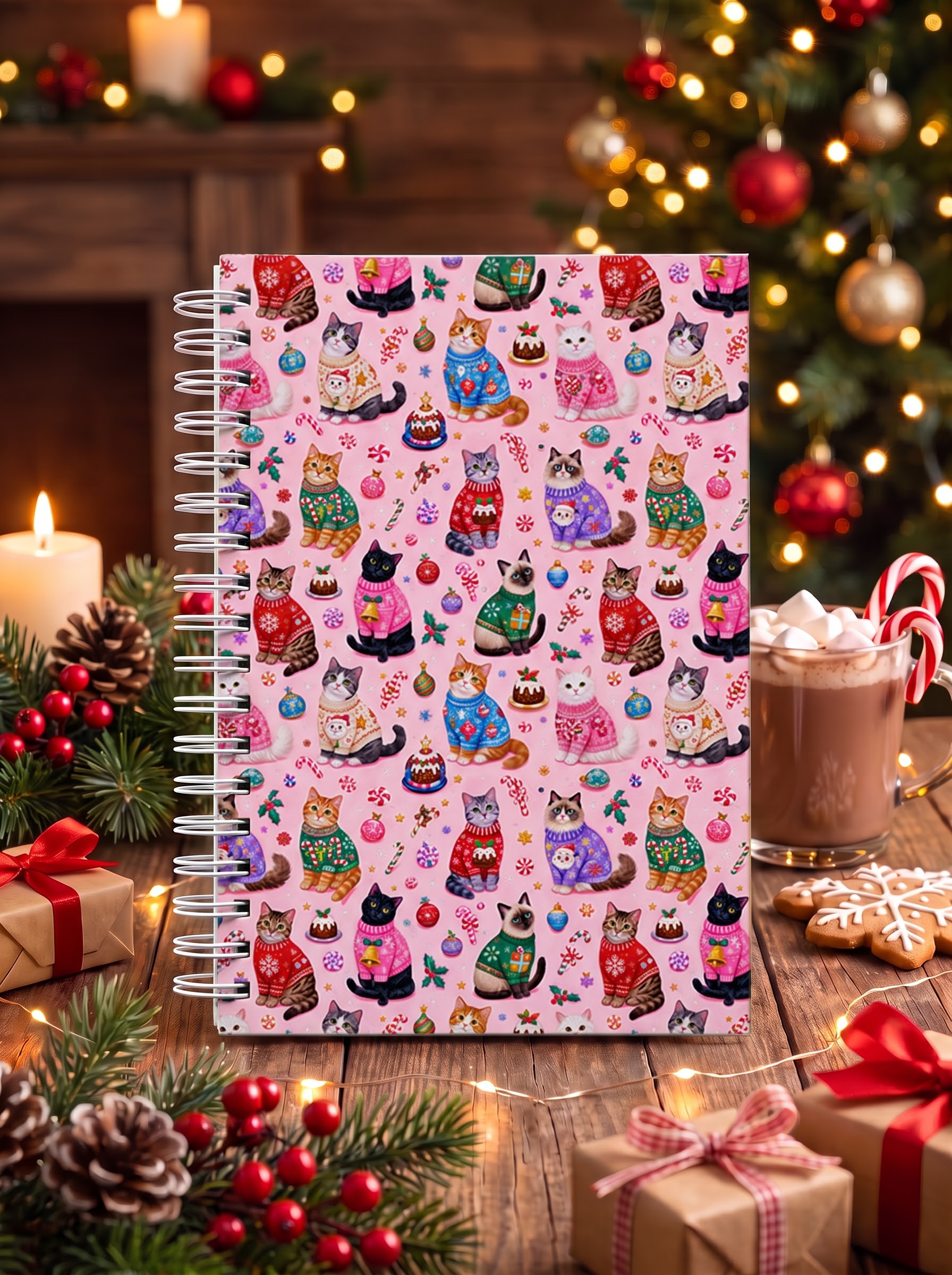 Christmas Cats Holiday Print A5 Spiral Notebook
