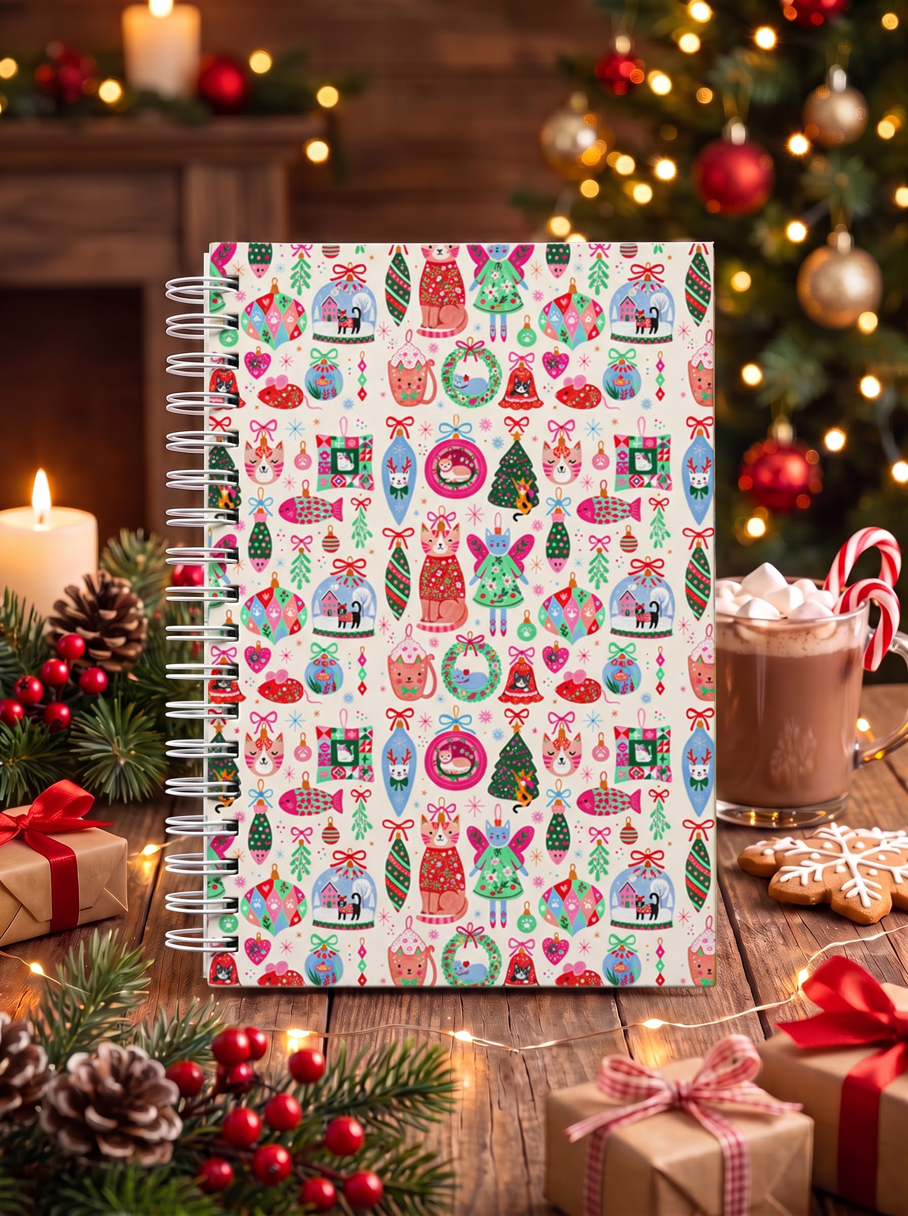 Christmas Cat Ornament Print A5 Spiral Notebook