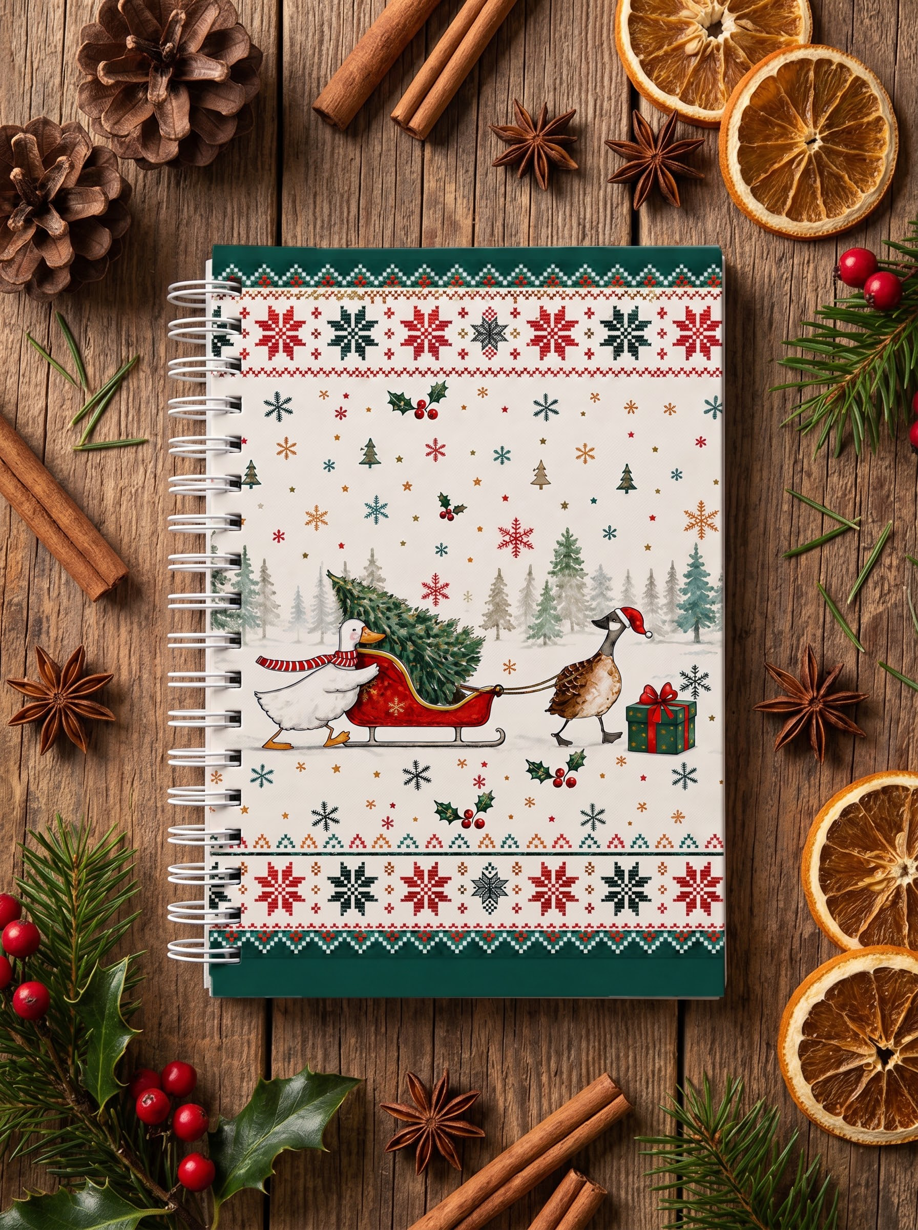 Christmas Duck Sleigh & Pine Tree Print A5 Spiral Notebook