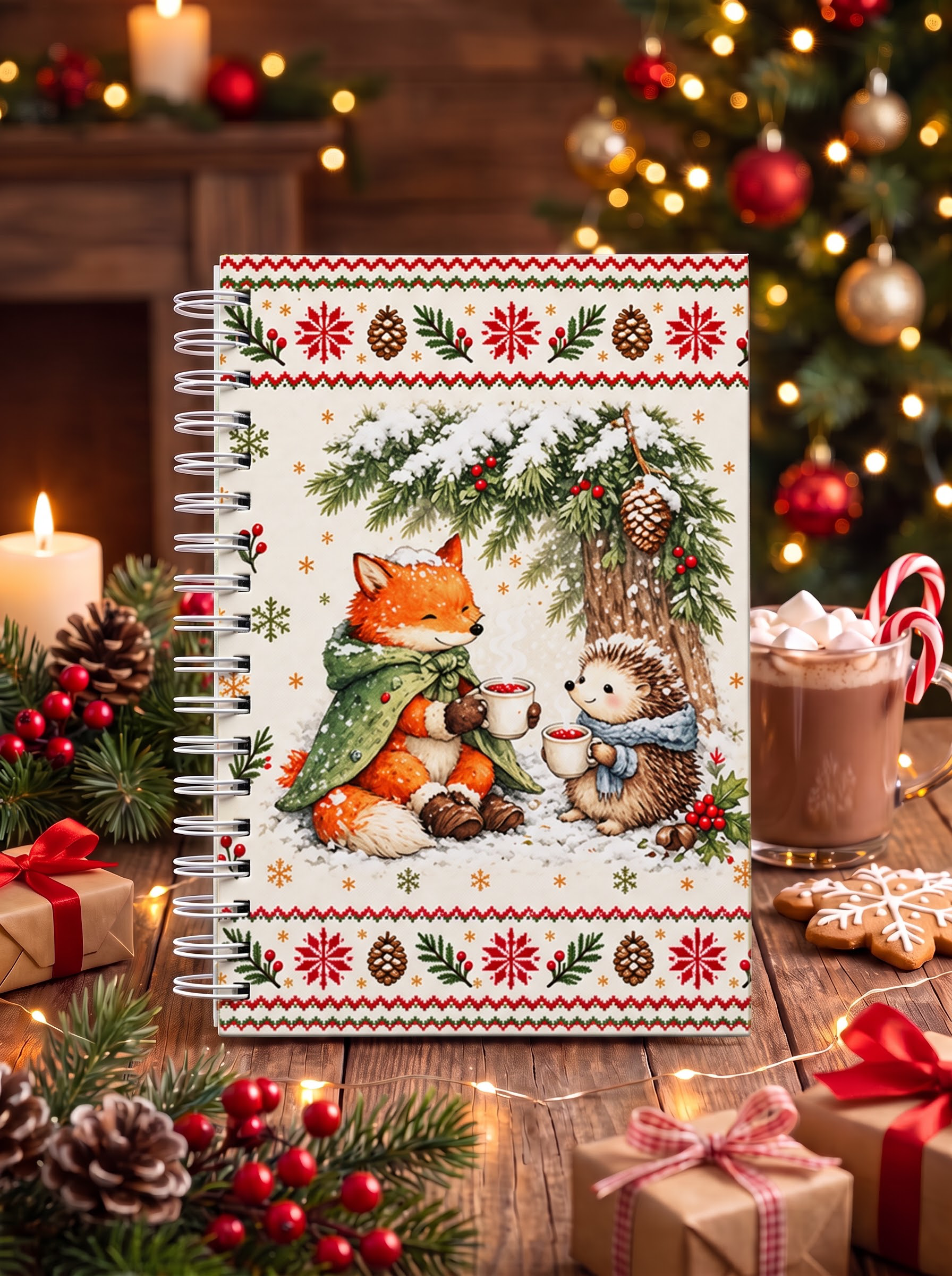 Cozy Winter Fox & Hedgehog Print A5 Spiral Notebook