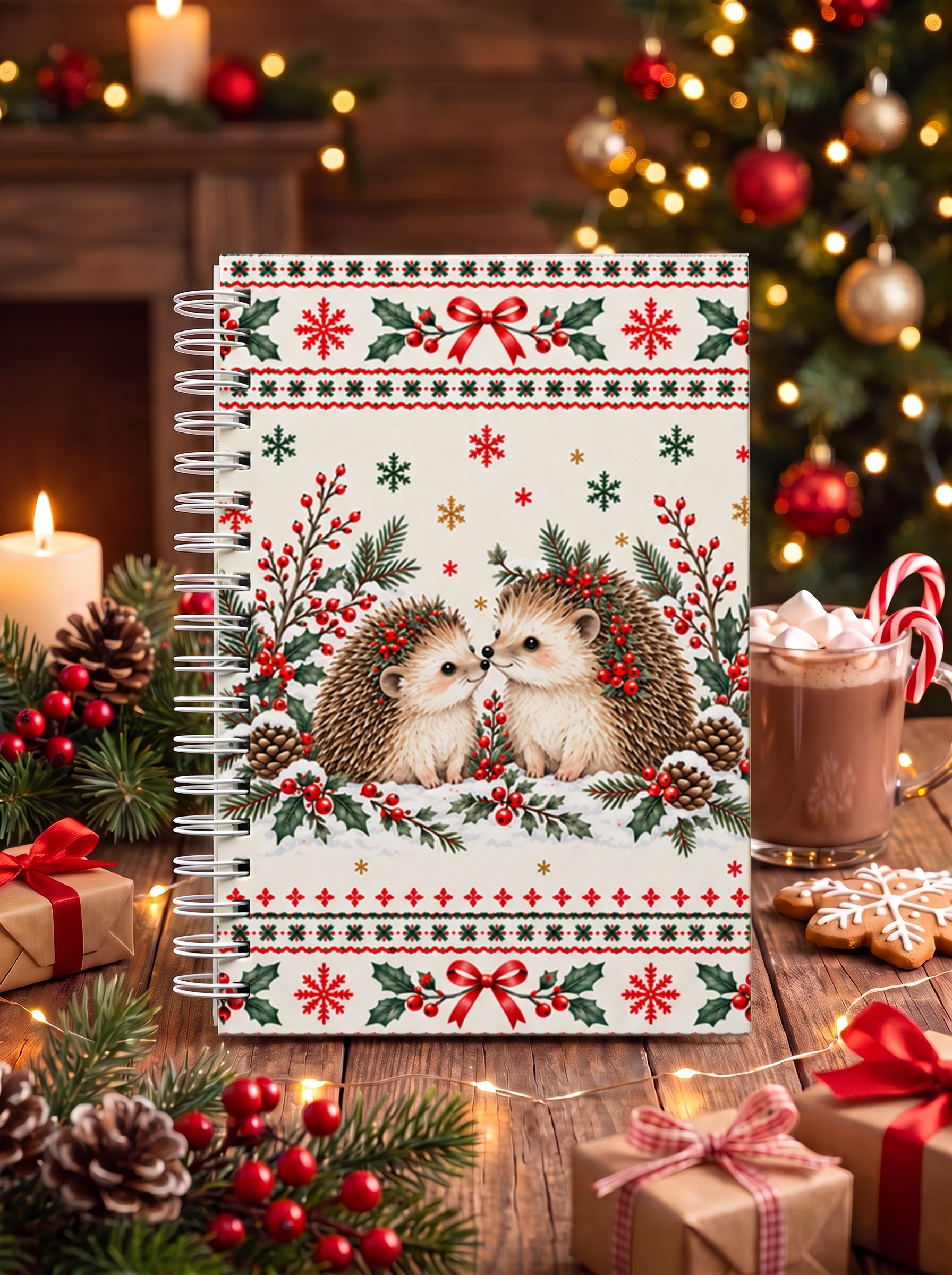Cozy Christmas Hedgehogs Print A5 Spiral Notebook