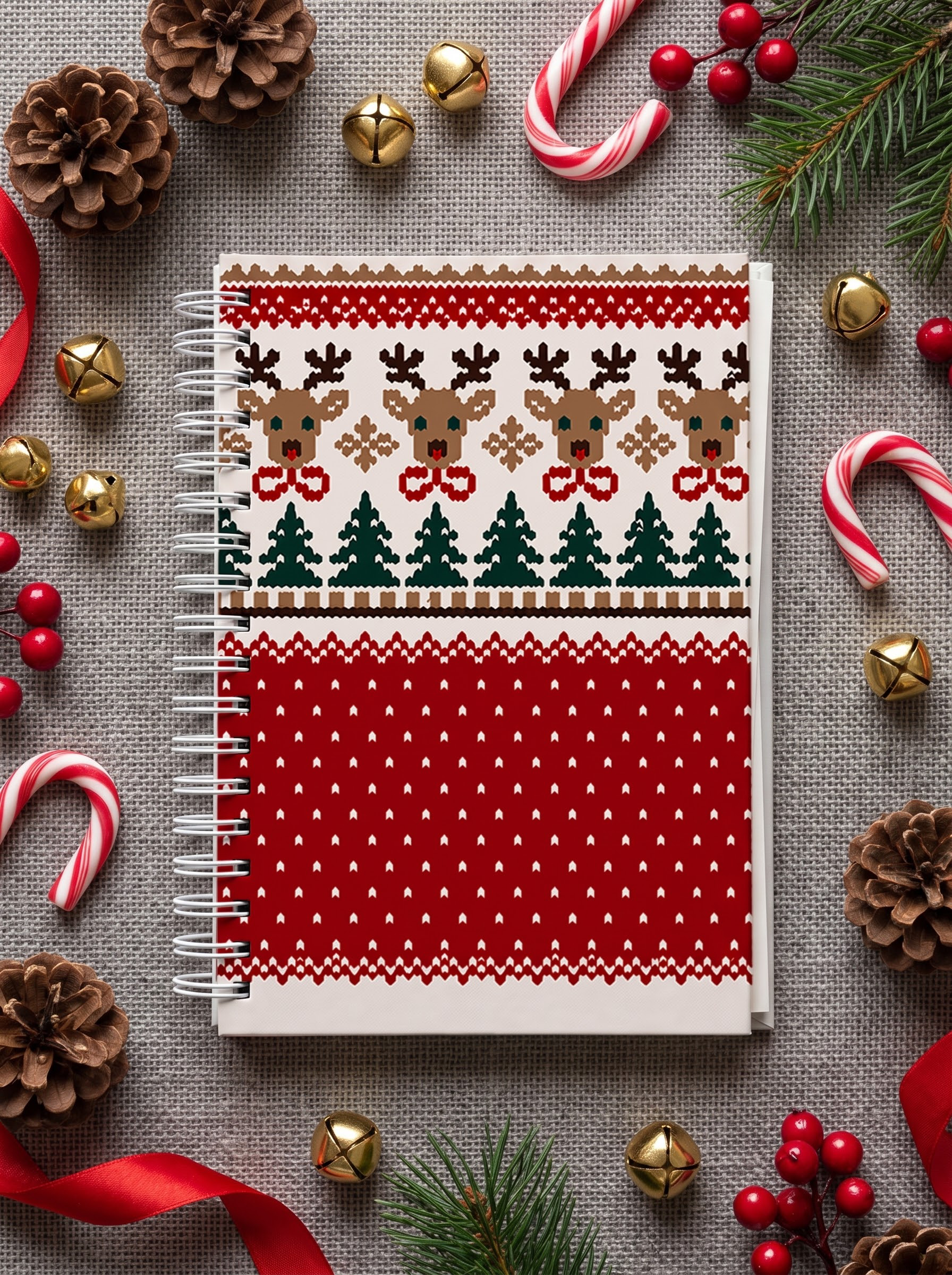 Christmas Reindeer & Pine Tree Print A5 Spiral Notebook