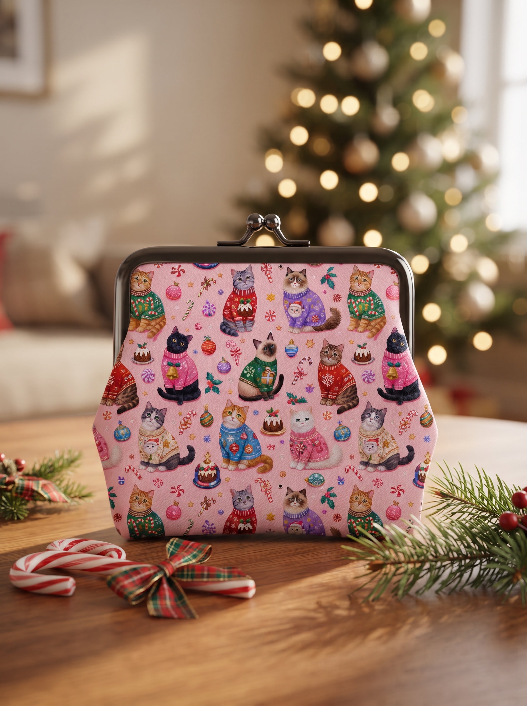Christmas Cats Holiday Print Leather Mini Clasp Purse