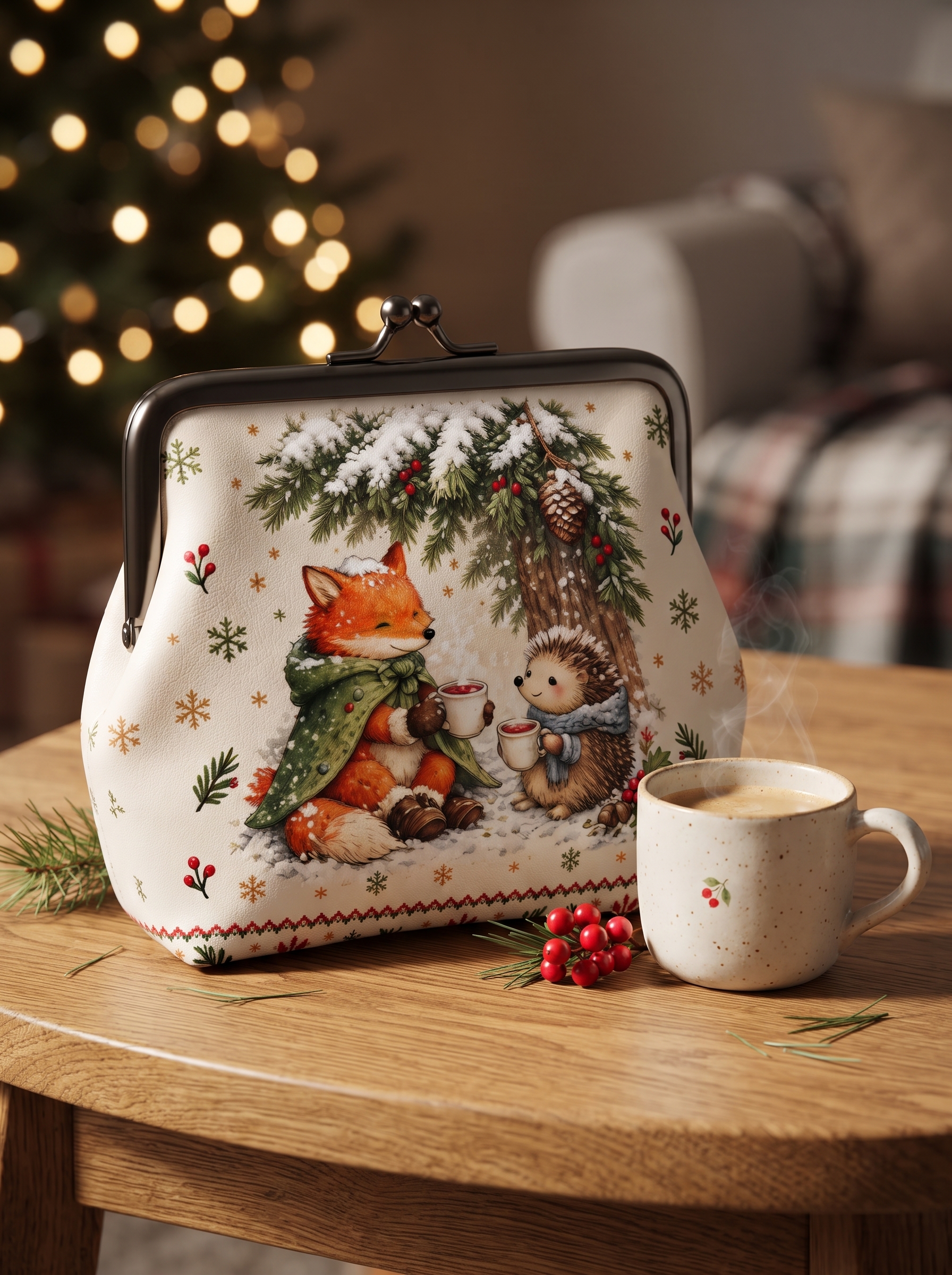 Cozy Winter Fox & Hedgehog Print Leather Mini Clasp Purse