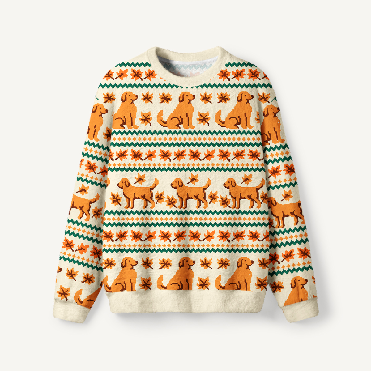 Autumn Dog & Falling Leaves Fuzzy Crewneck Sweater