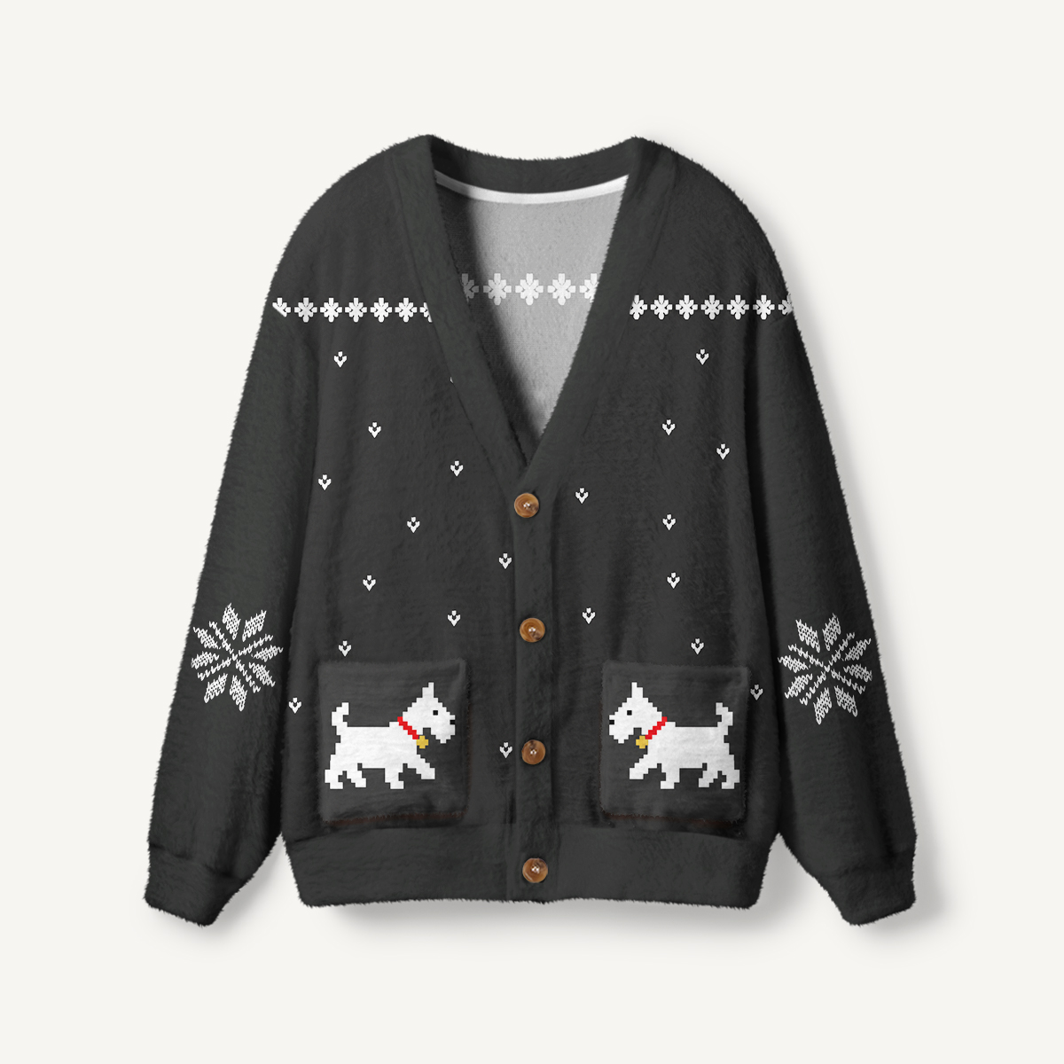 Winter Fair Isle Terrier Print Cardigan Sweaters with Pockets