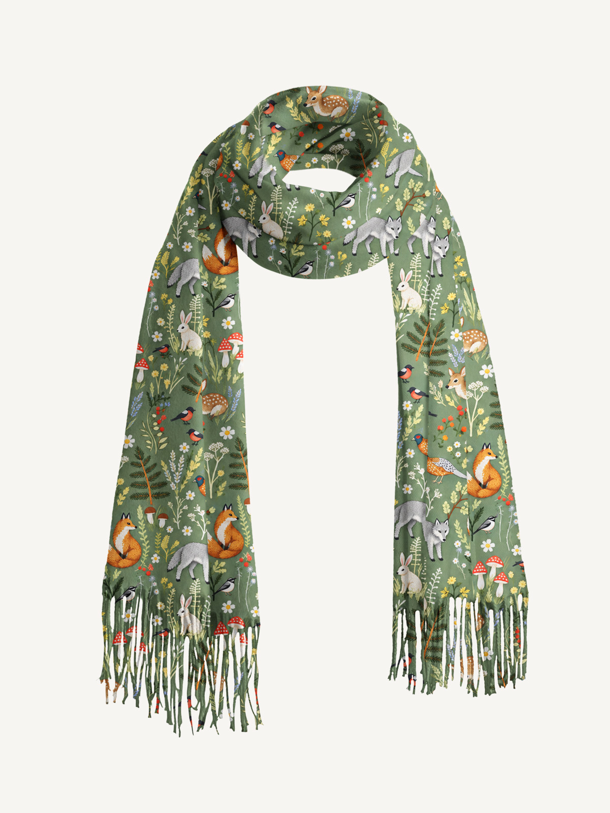 Whimsical Woodland Animals Print Cozy Fringed Scarf