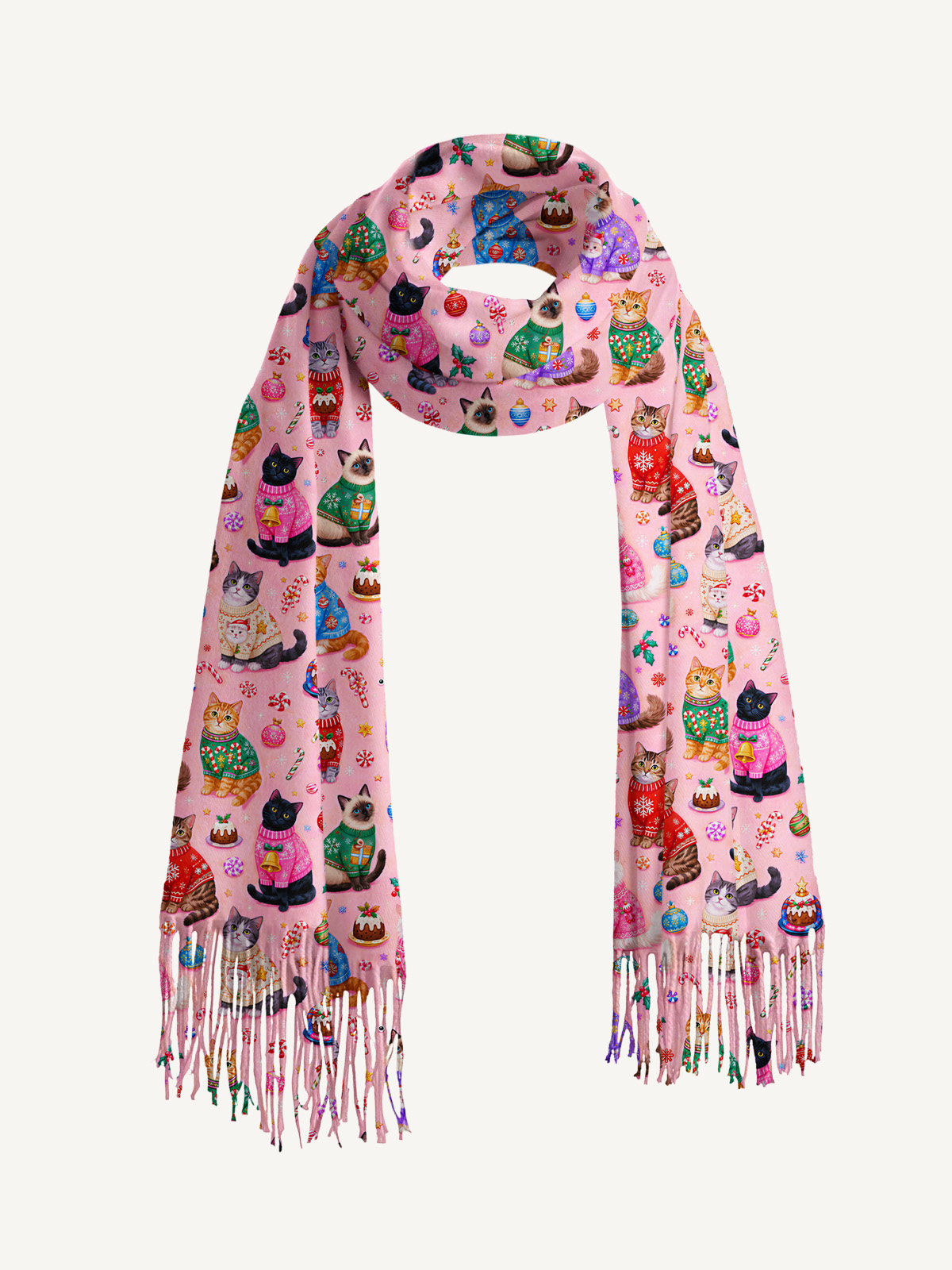 Christmas Sweater Cats Holiday Print Cozy Fringed Scarf