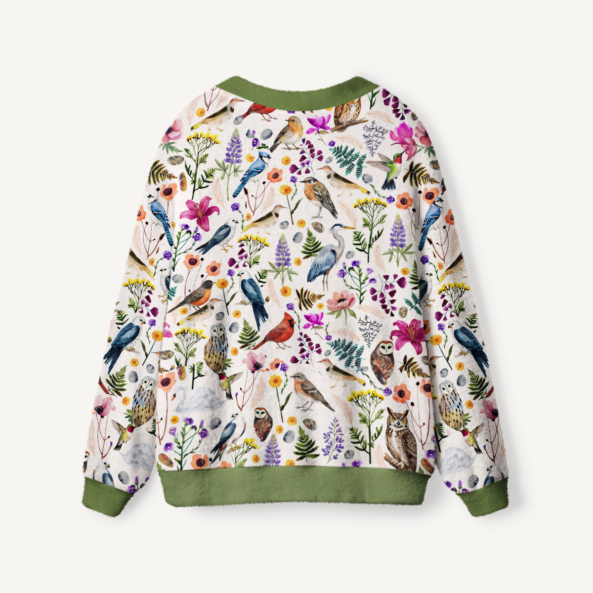Whimsical Woodland Birds Wildflowers Print Cardigan Sweaters