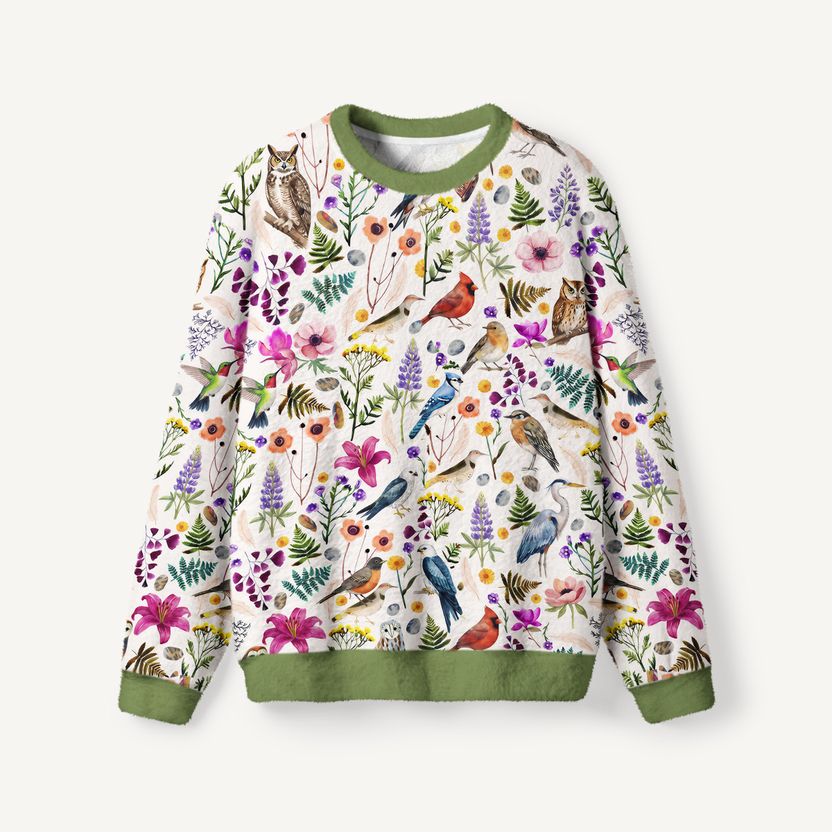 Whimsical Woodland Birds Wildflowers Fuzzy Crewneck Sweater