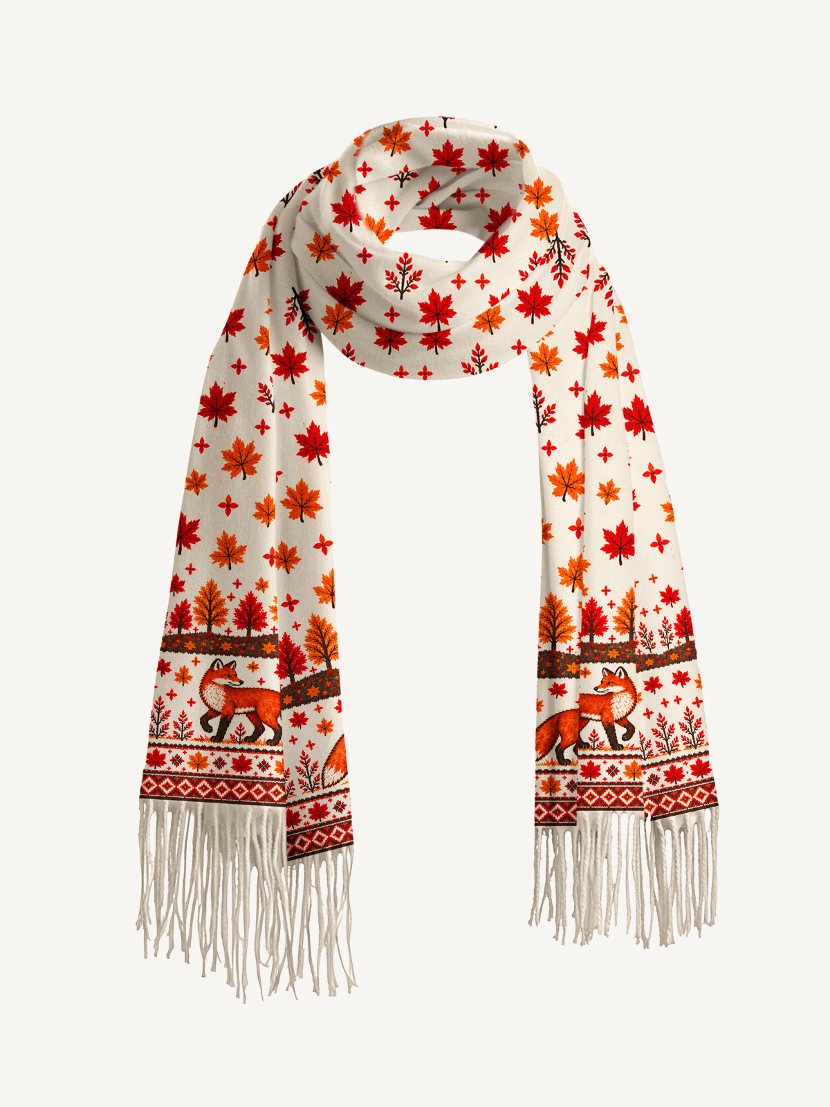 Autumn Forest Fox Print Cozy Fringed Scarf