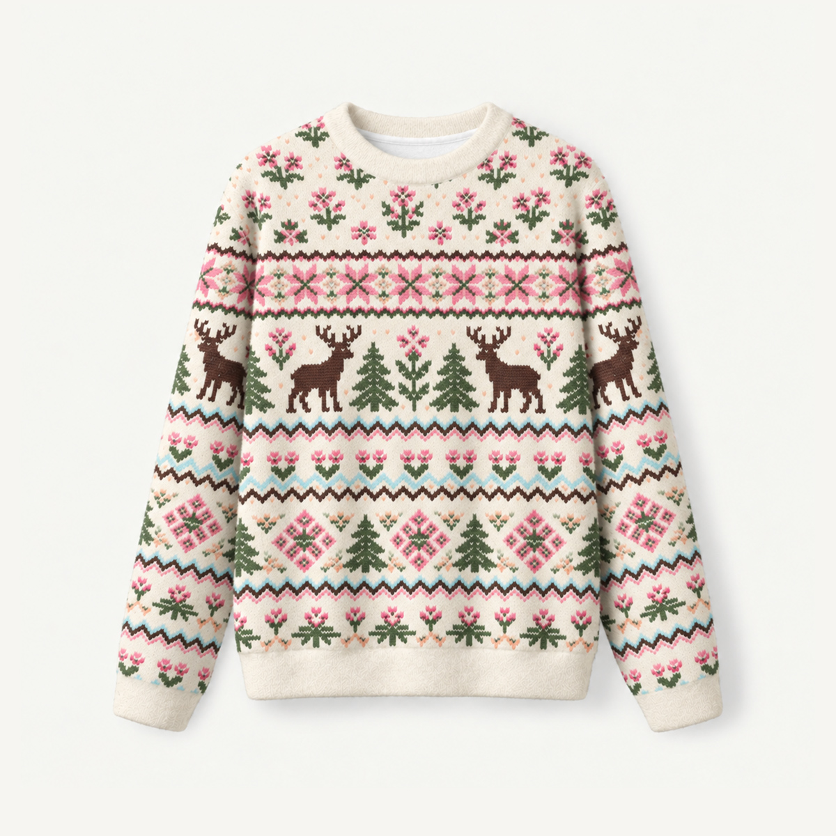 Woodland Deer Fair Isle Fuzzy Crewneck Sweater