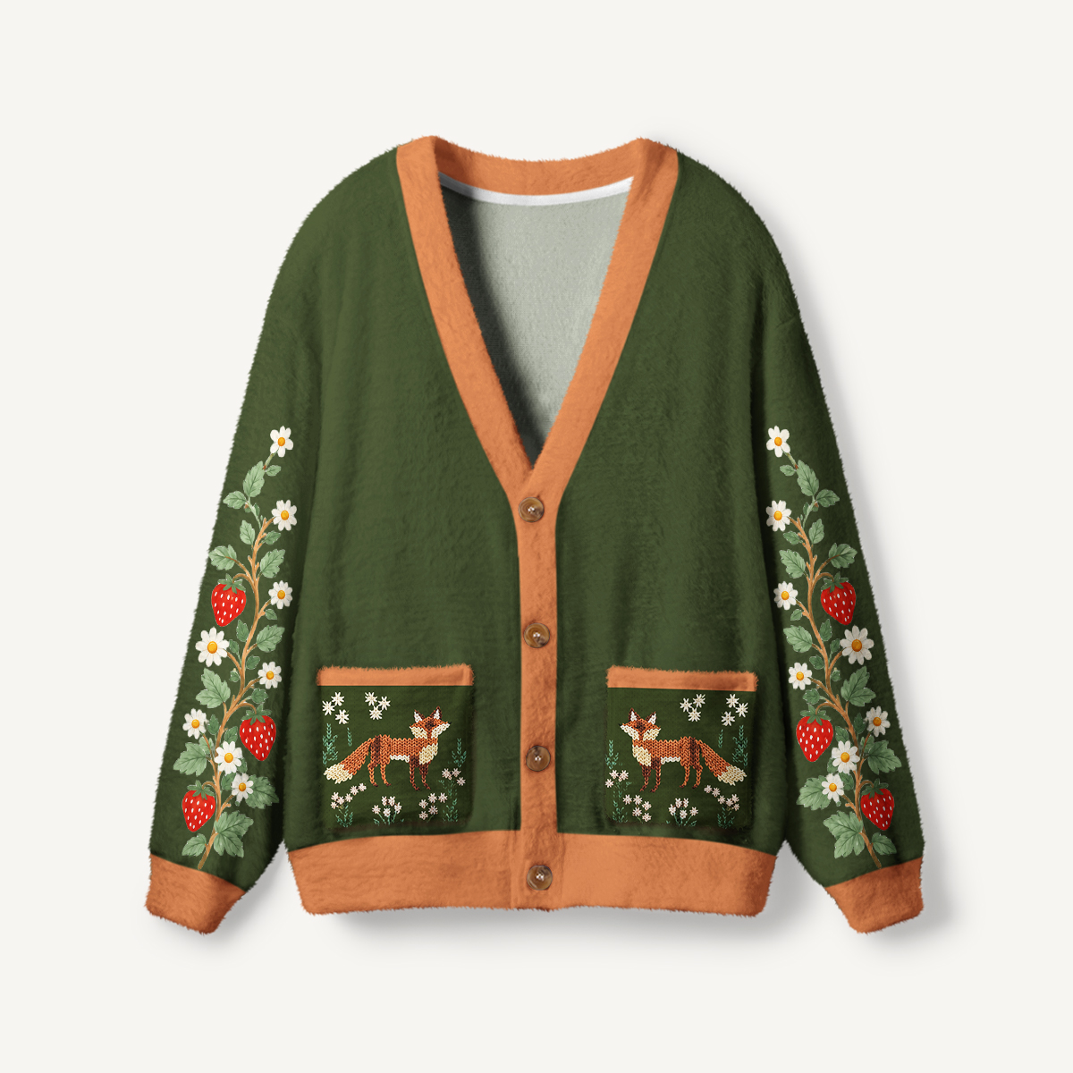 Whimsical Woodland Fox & Strawberry Print Cardigan Sweaters with Pockets