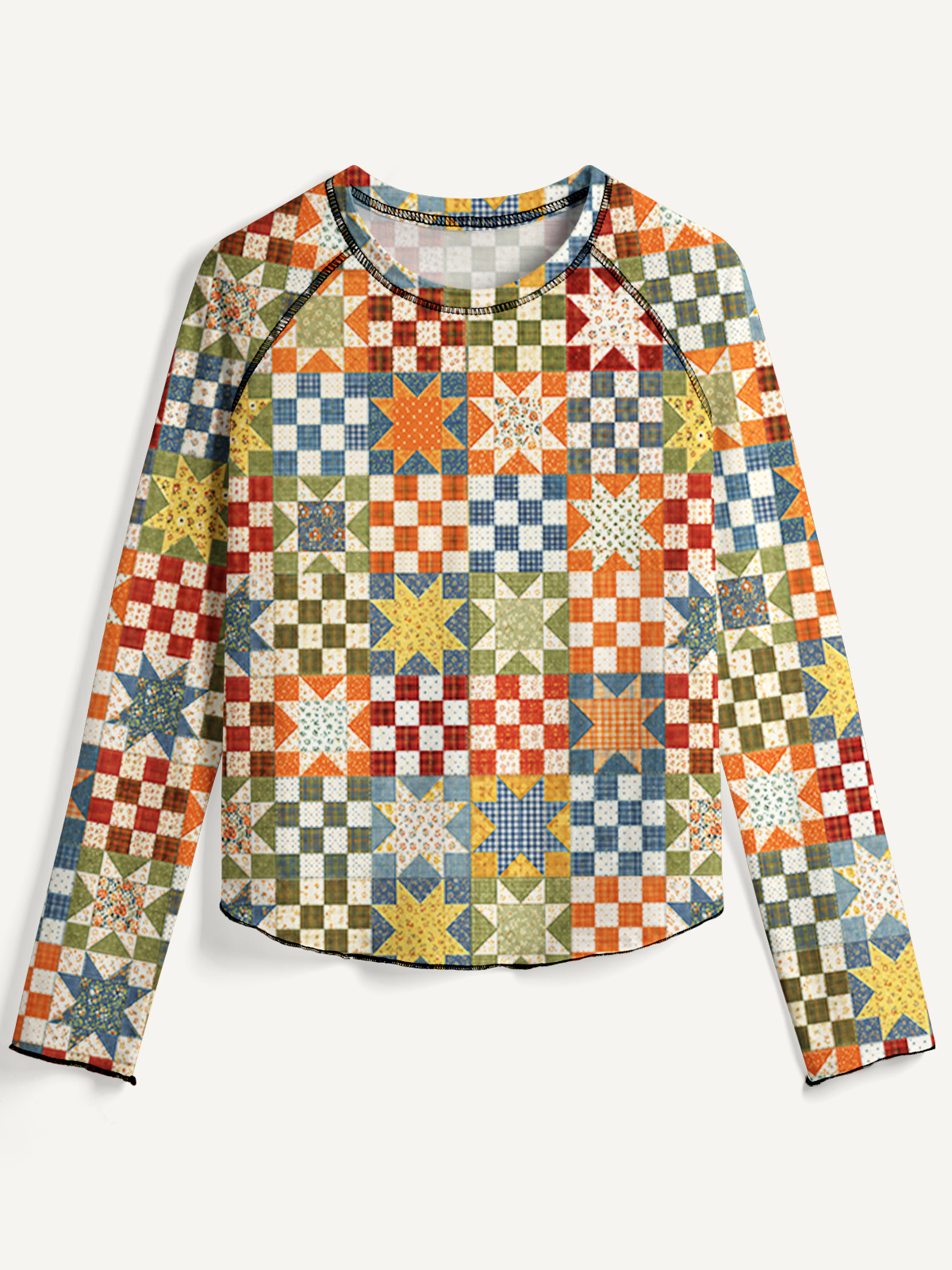 Vintage Star Quilt Patchwork All-Over Print Cotton Raglan Long Sleeve Top