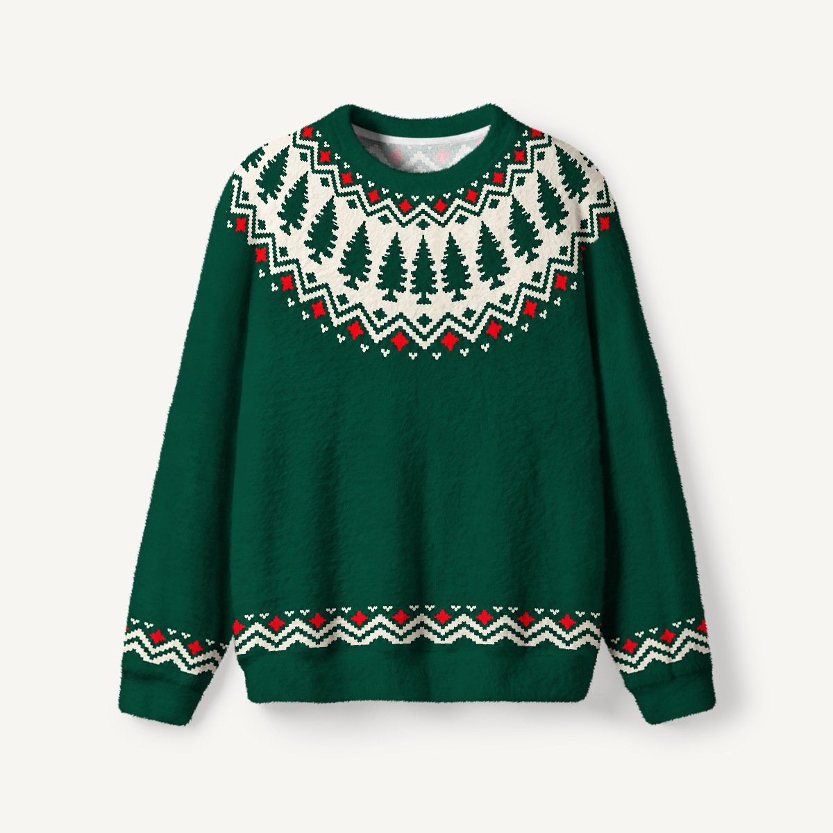 Winter Pine Forest Fair Isle Fuzzy Crewneck Sweater