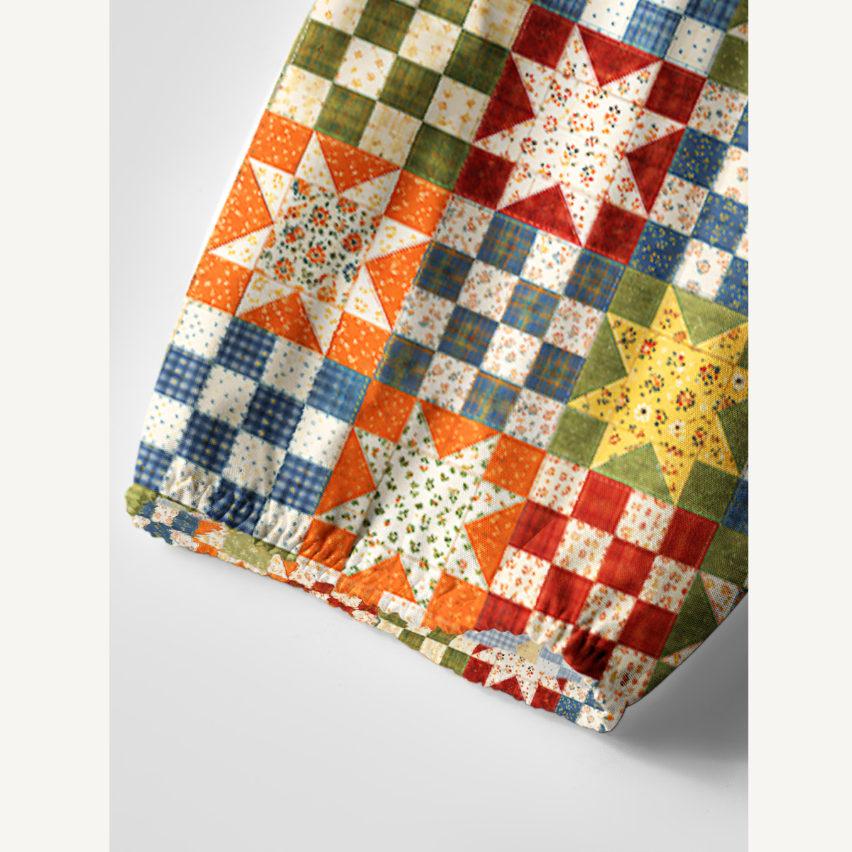 Vintage Star Quilt Patchwork Print Boho Tie‑Neck Smock Mini Dress