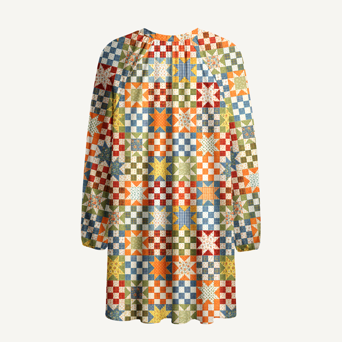 Vintage Star Quilt Patchwork Print Boho Tie‑Neck Smock Mini Dress