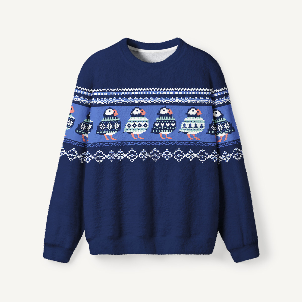 Coastal Puffin Fair Isle Fuzzy Crewneck Sweater