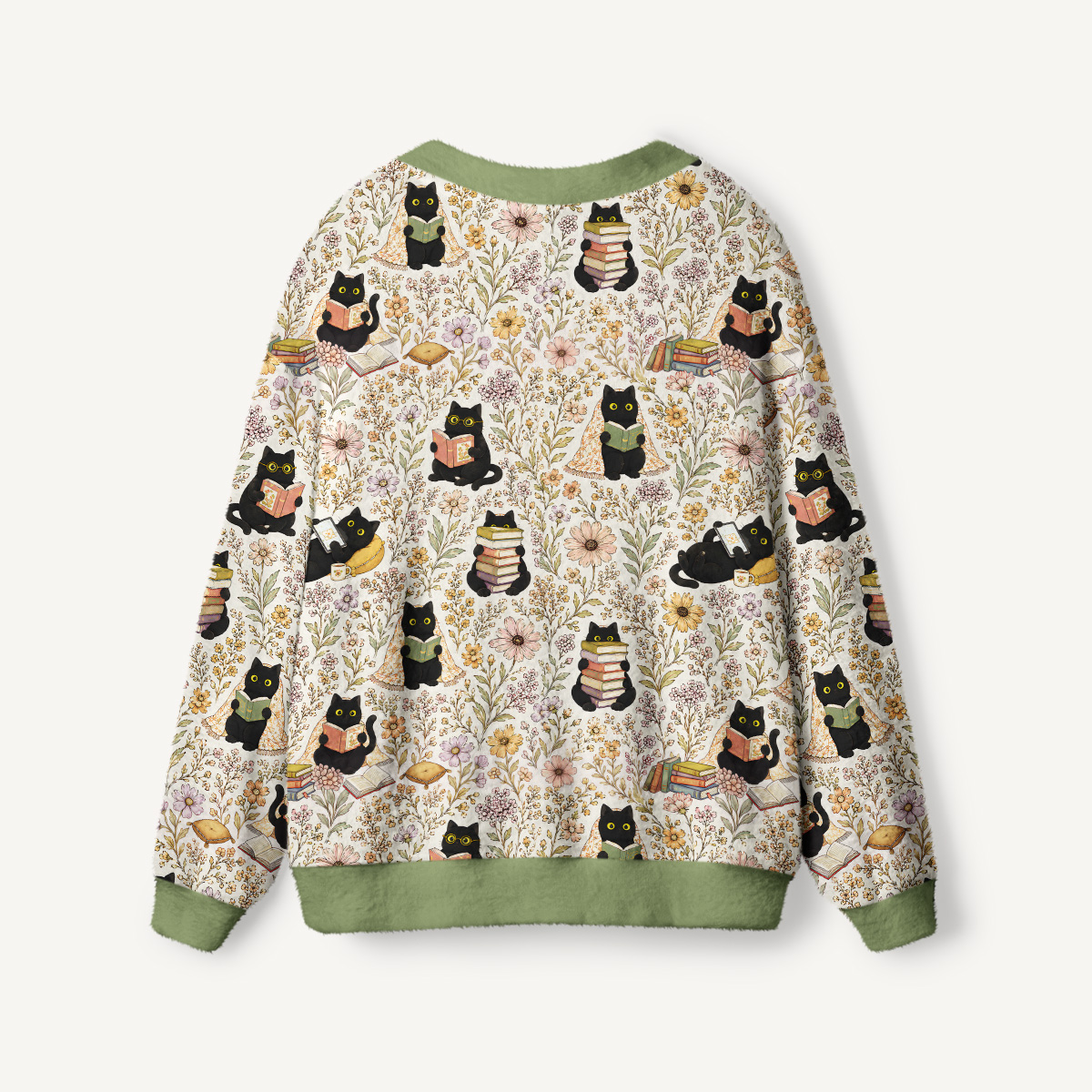 Books Blooms and Black Cats Print Cardigan Sweaters