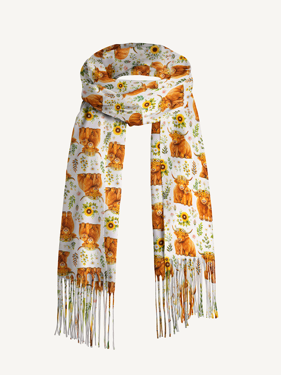 Spring Highland Cow Beanie Scarf & Fingerless Gloves Set