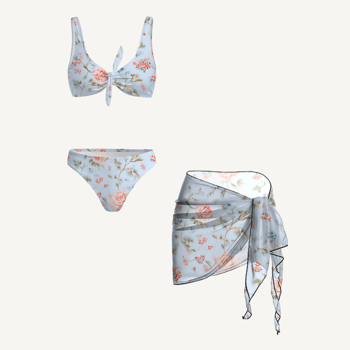 Rosabelle Bloom Print 3‑Piece Front‑Tie Bikini Set with Mini Sarong