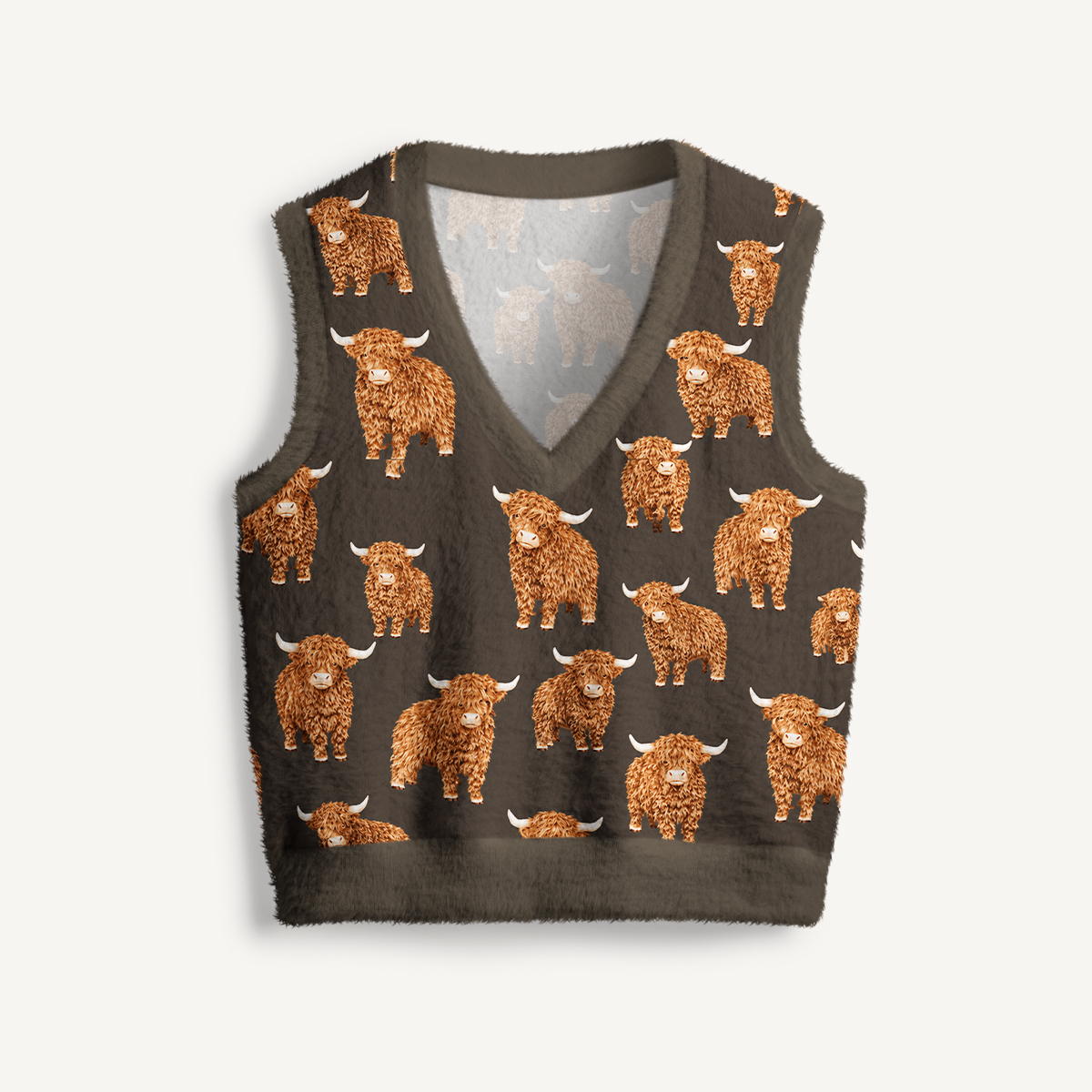 Fluffy Highland CowPrint V-Neck Sweater Vest
