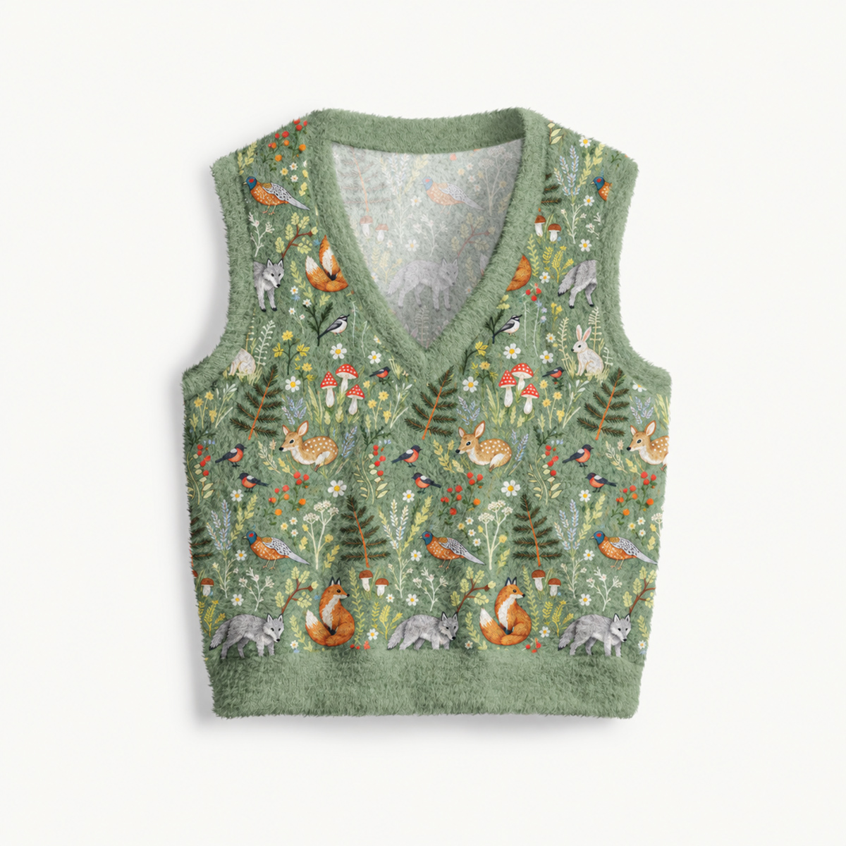 Whimsical Woodland Animals Print V-Neck Sweater Vest