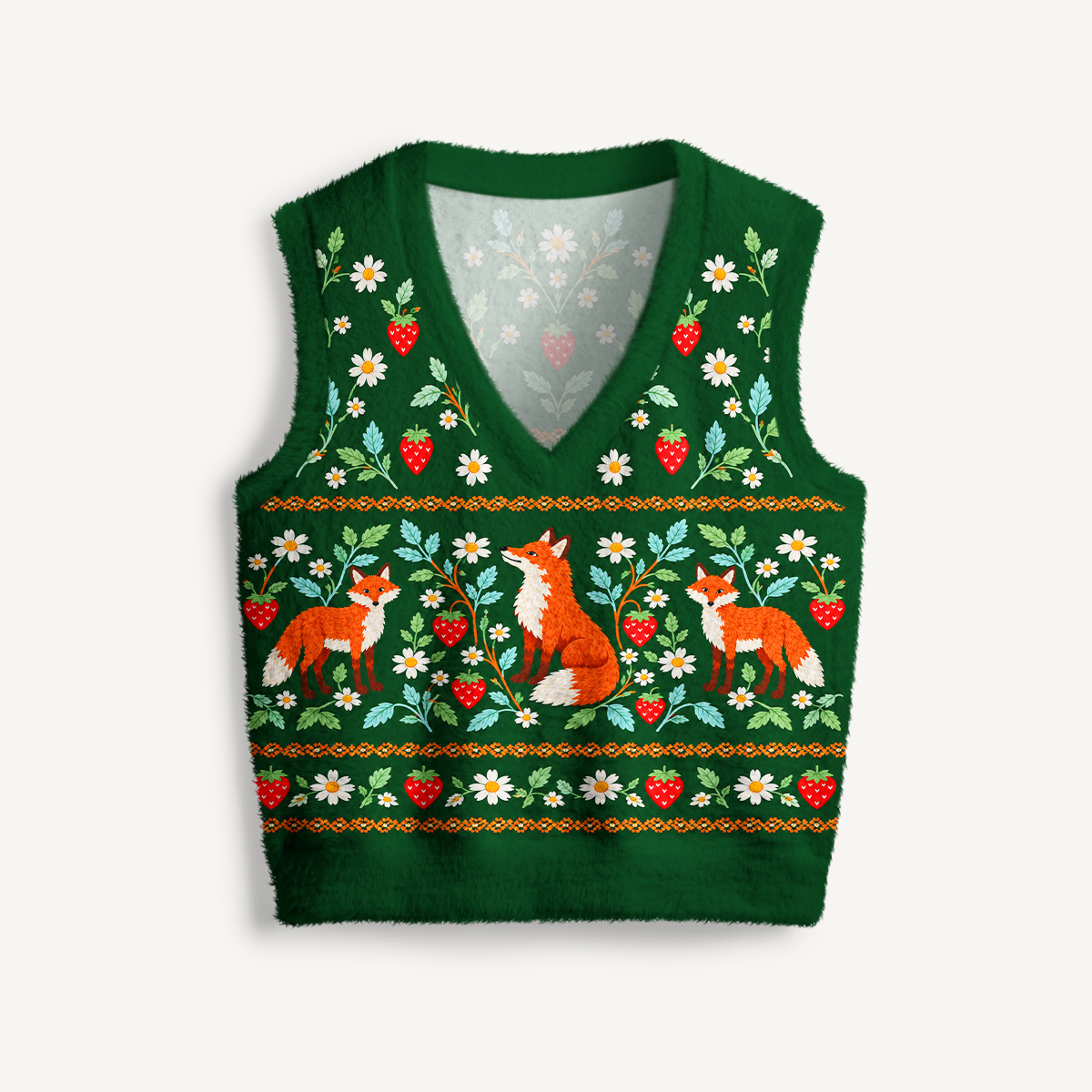 Whimsical Woodland Fox & Strawberry V-Neck Sweater Vest