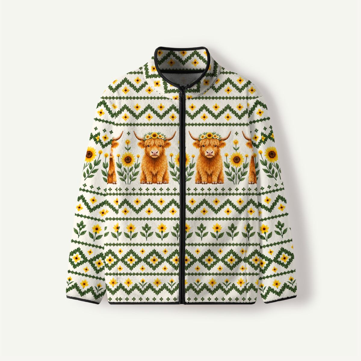 Spring Highland Cow Print Fleece Jacket