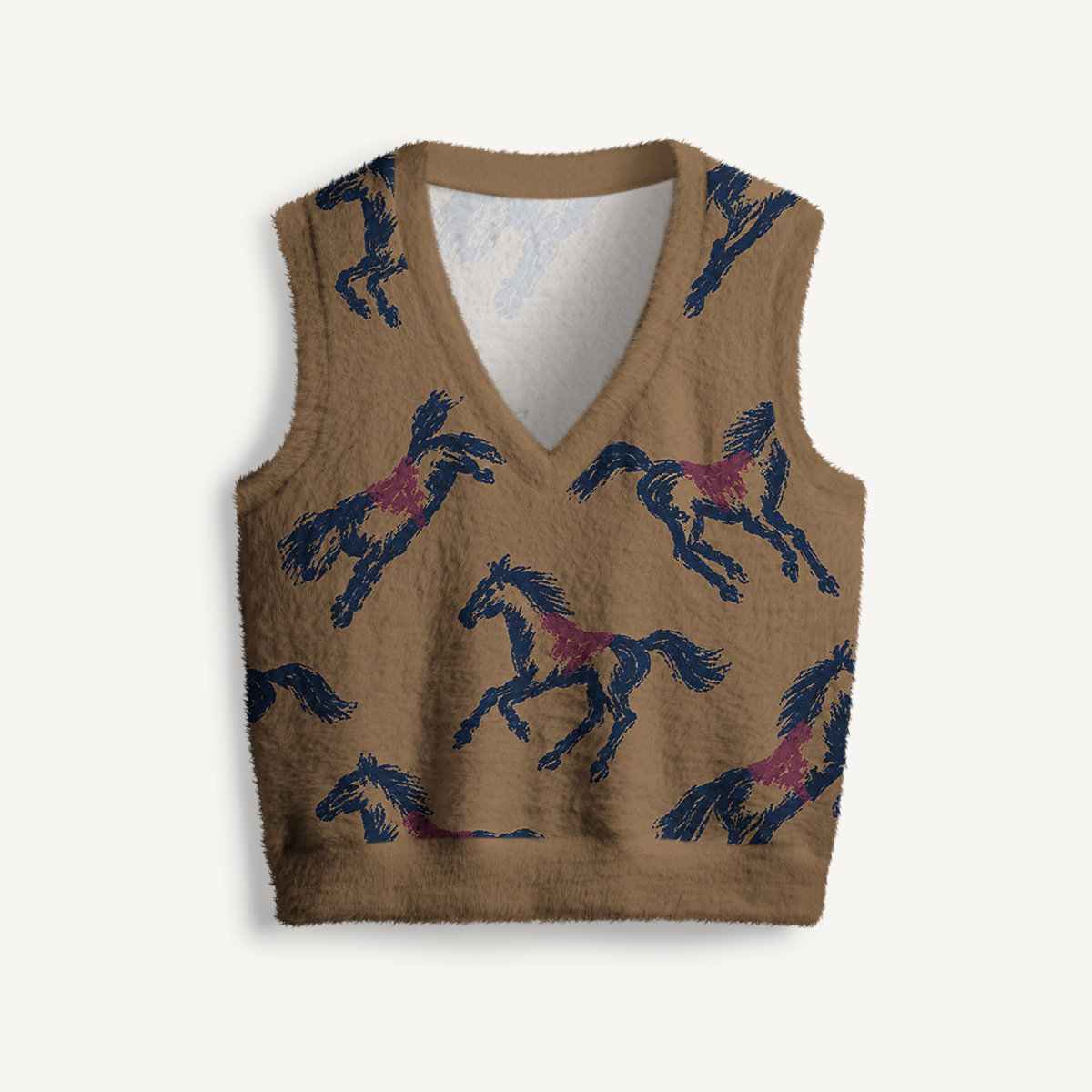 Brown Galloping Horse Print V-Neck Sweater Vest