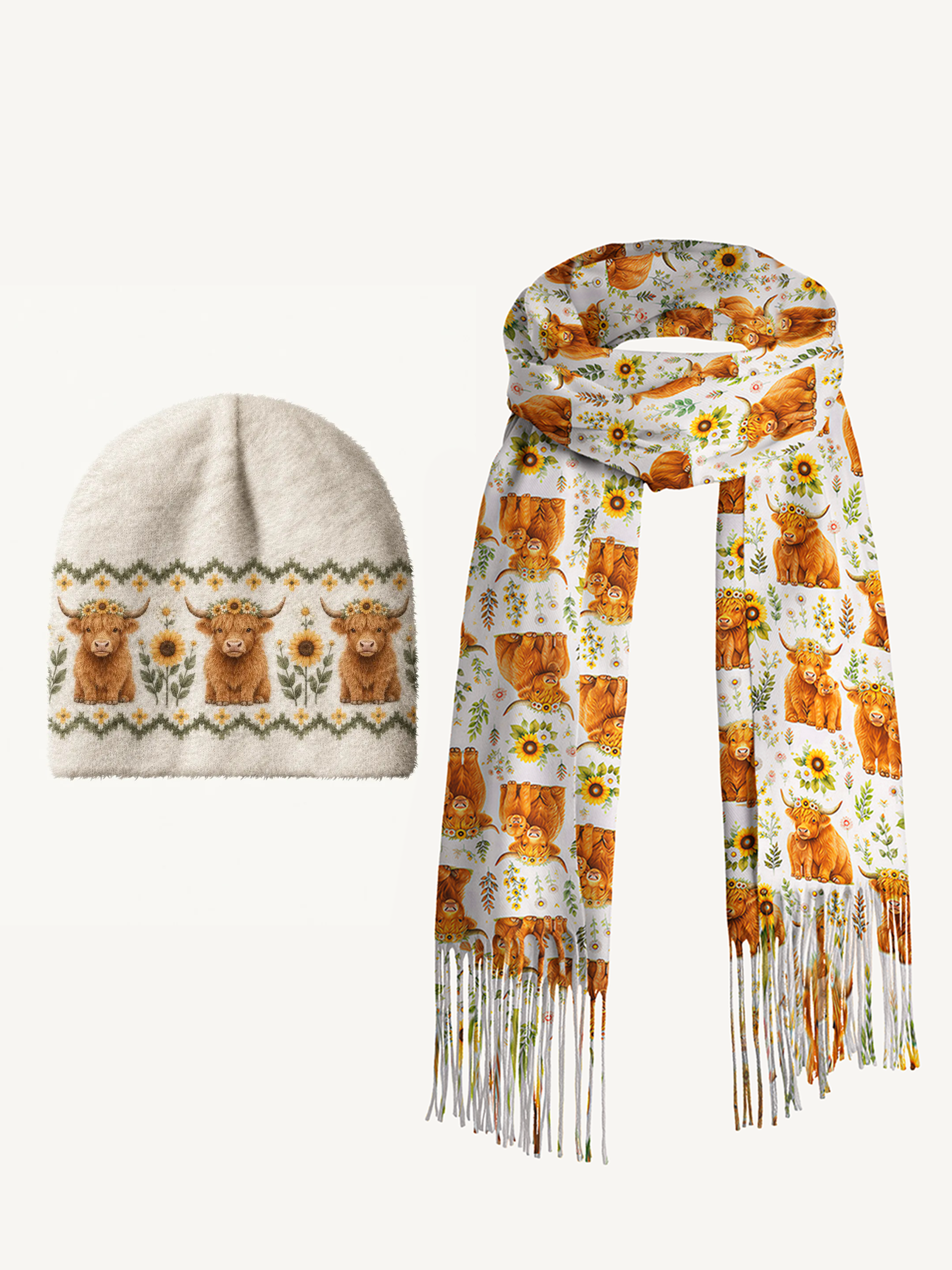 Spring Highland Cow Beanie Scarf & Fingerless Gloves Set