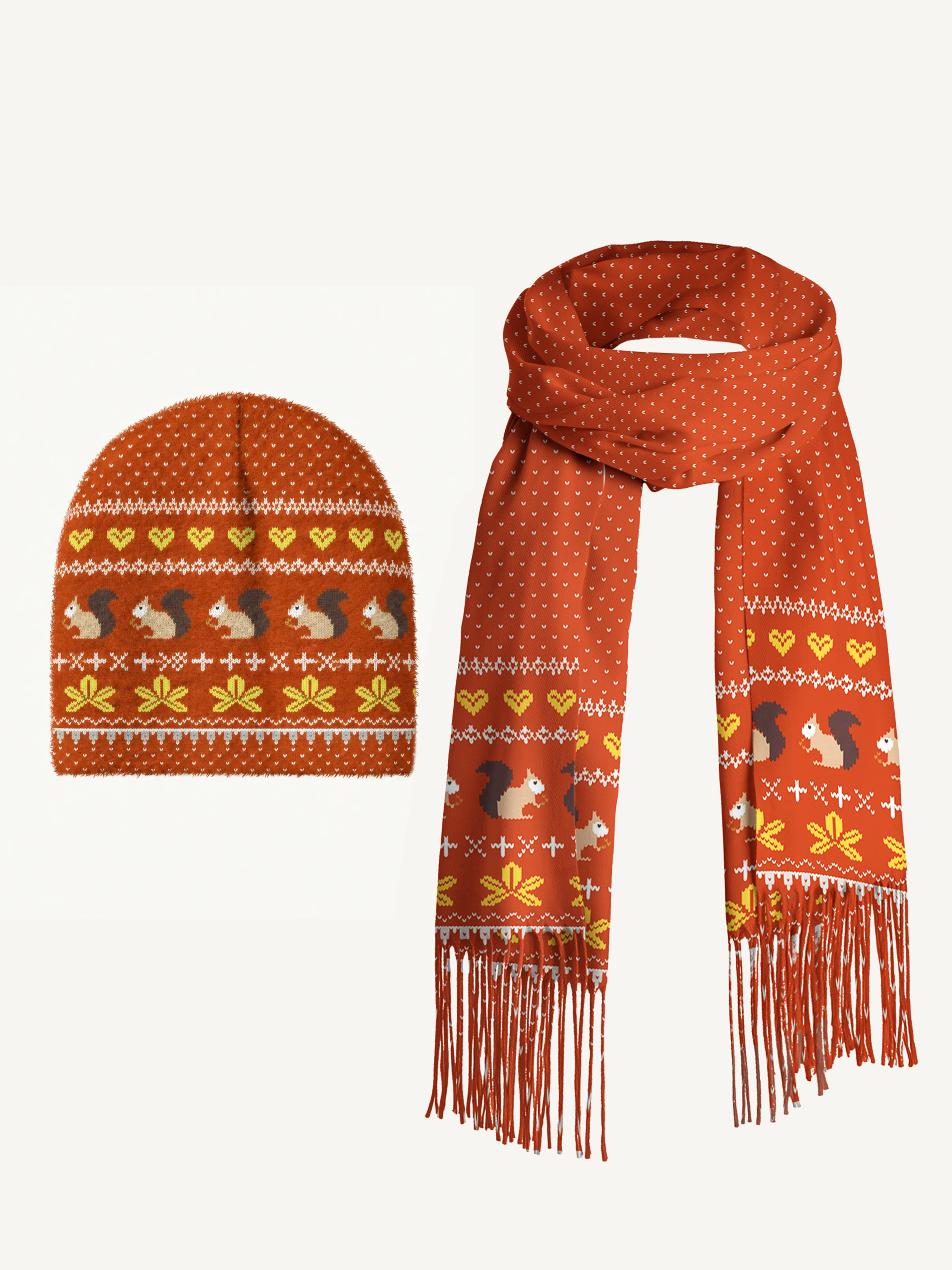 Autumn Woodland Squirrel Beanie Scarf & Fingerless Gloves Set
