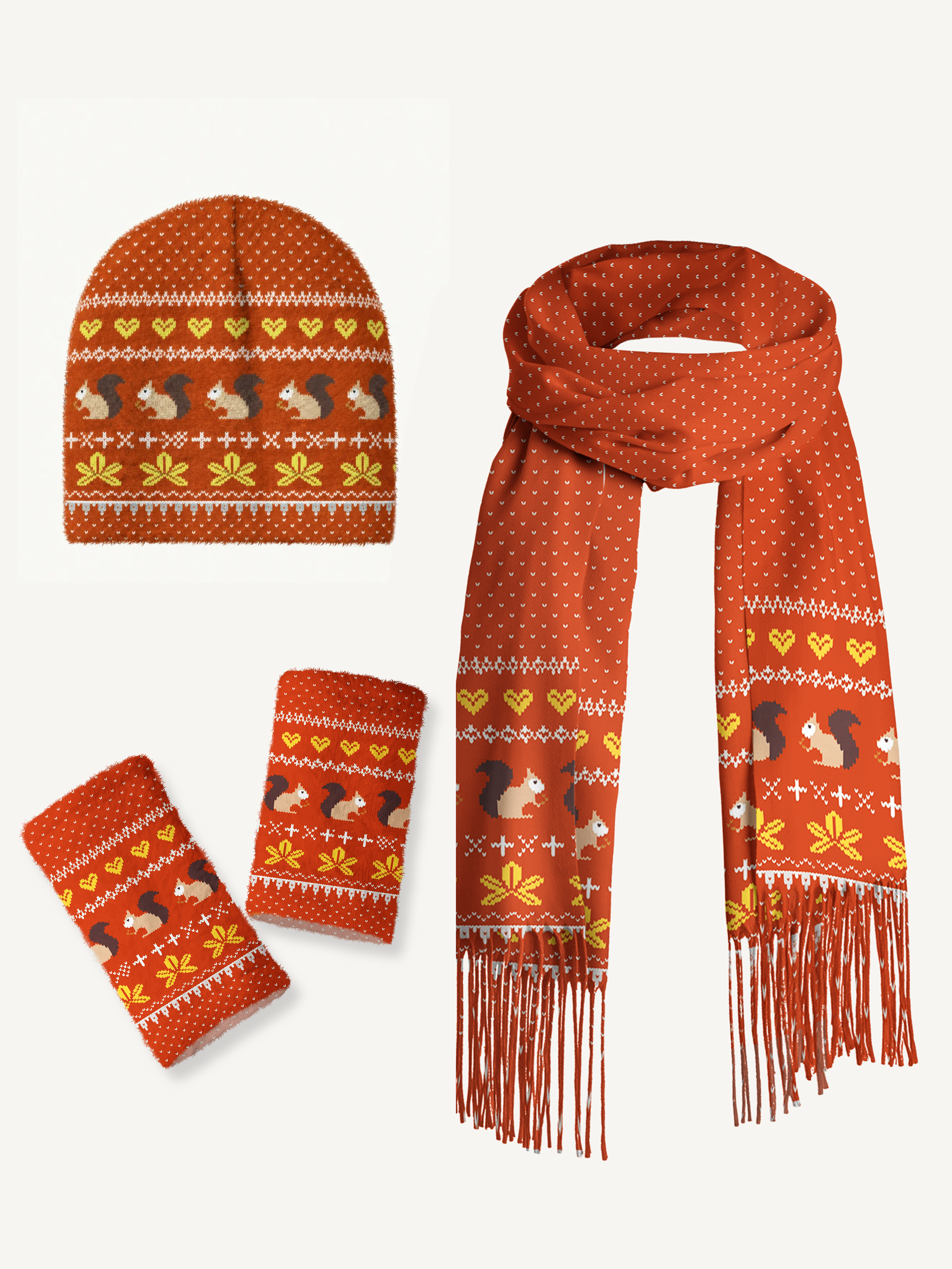 Autumn Woodland Squirrel Beanie Scarf & Fingerless Gloves Set