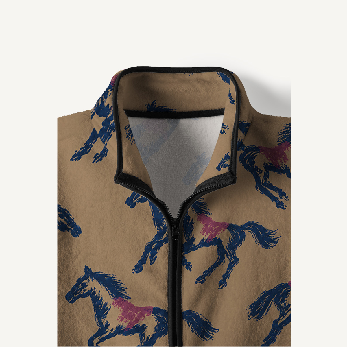 Brown Galloping Horse Print Fleece Jacket